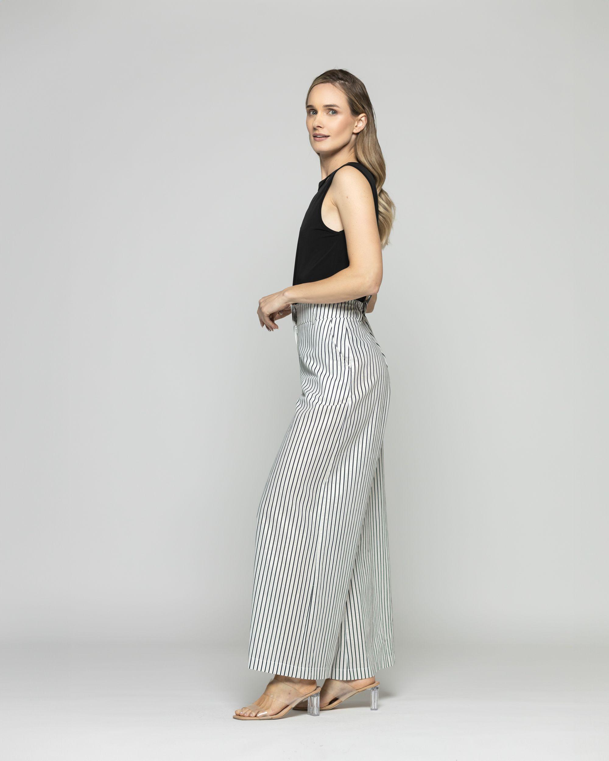 Pantalón Mujer Liatris Largo Clásico Algodón Rayas Negro Y Blanco Ludovica-4