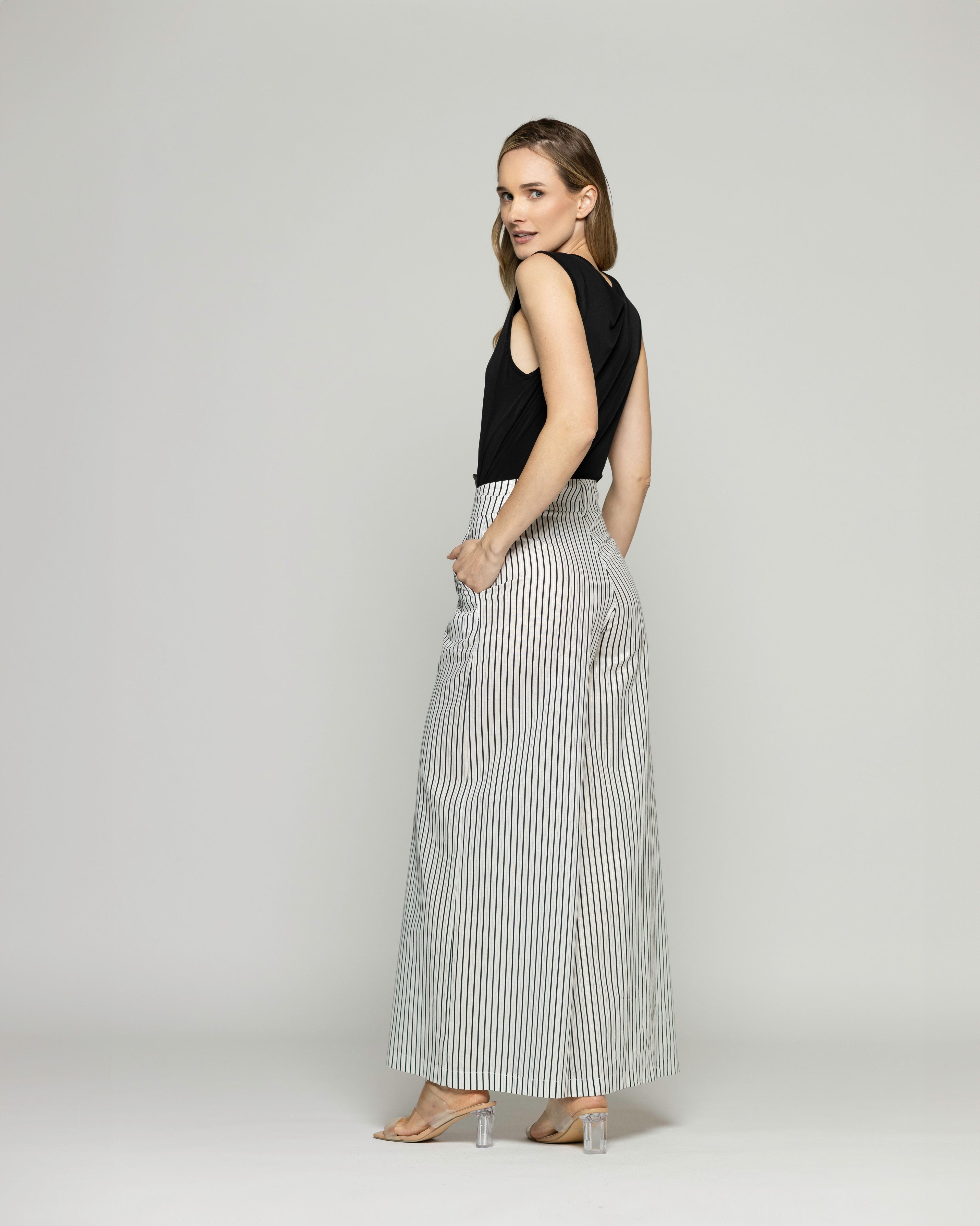 Pantalón Mujer Liatris Largo Clásico Algodón Rayas Negro Y Blanco Ludovica-6