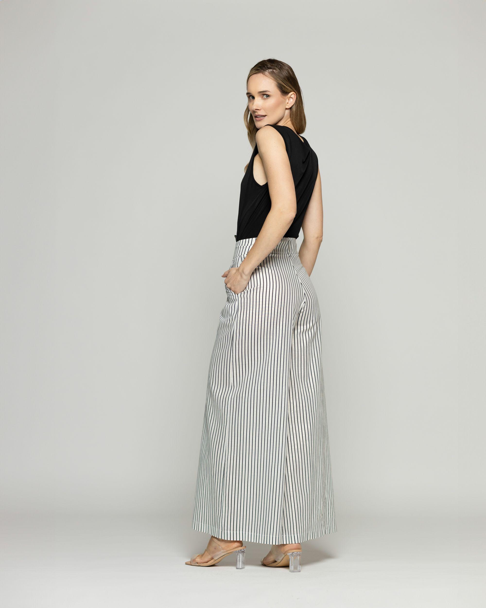 Pantalón Mujer Liatris Largo Clásico Algodón Rayas Negro Y Blanco Ludovica-7