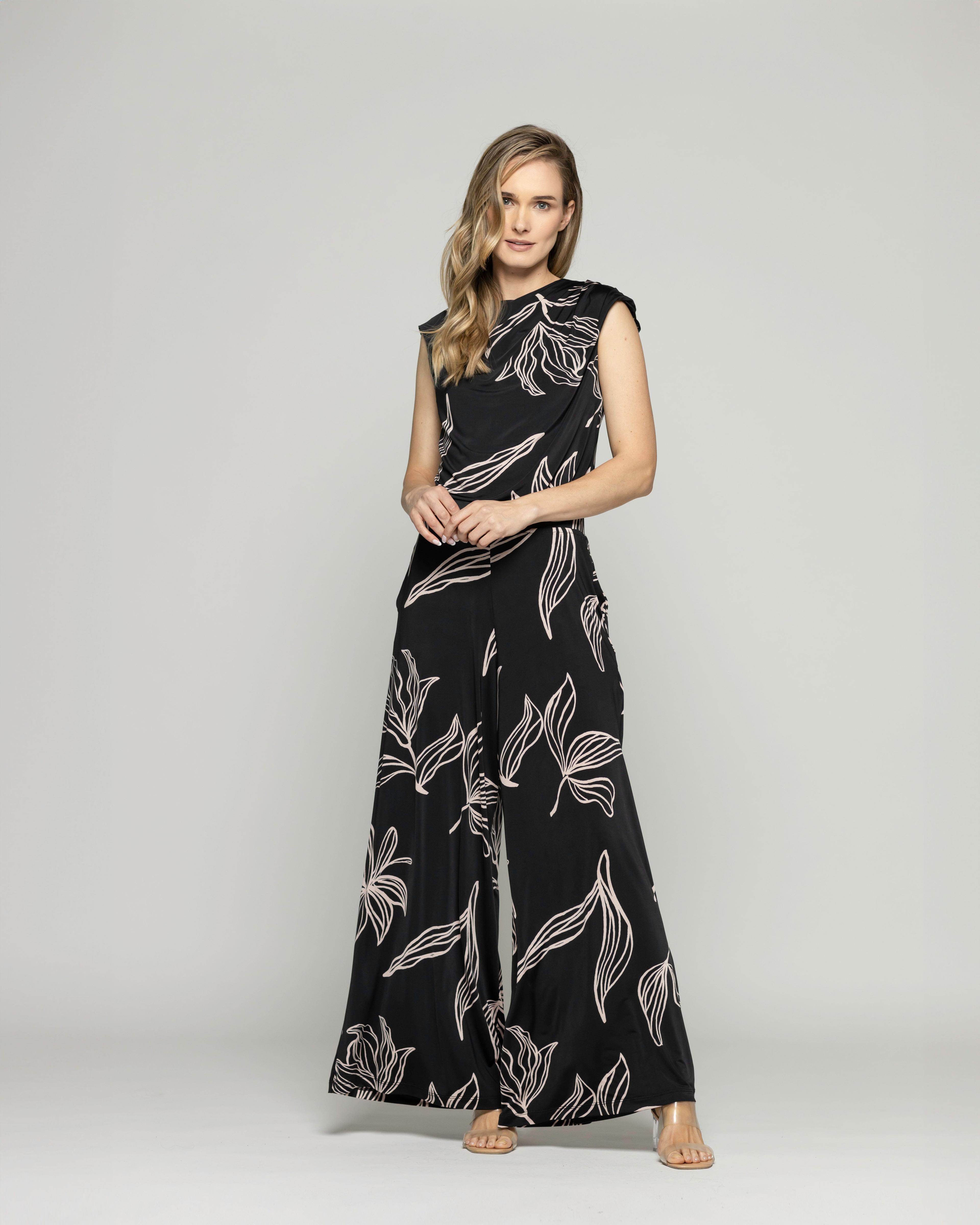 Pantalón Mujer Manzanilla Palazzo  Estampado Flores Lineal Negro Ludovica-0