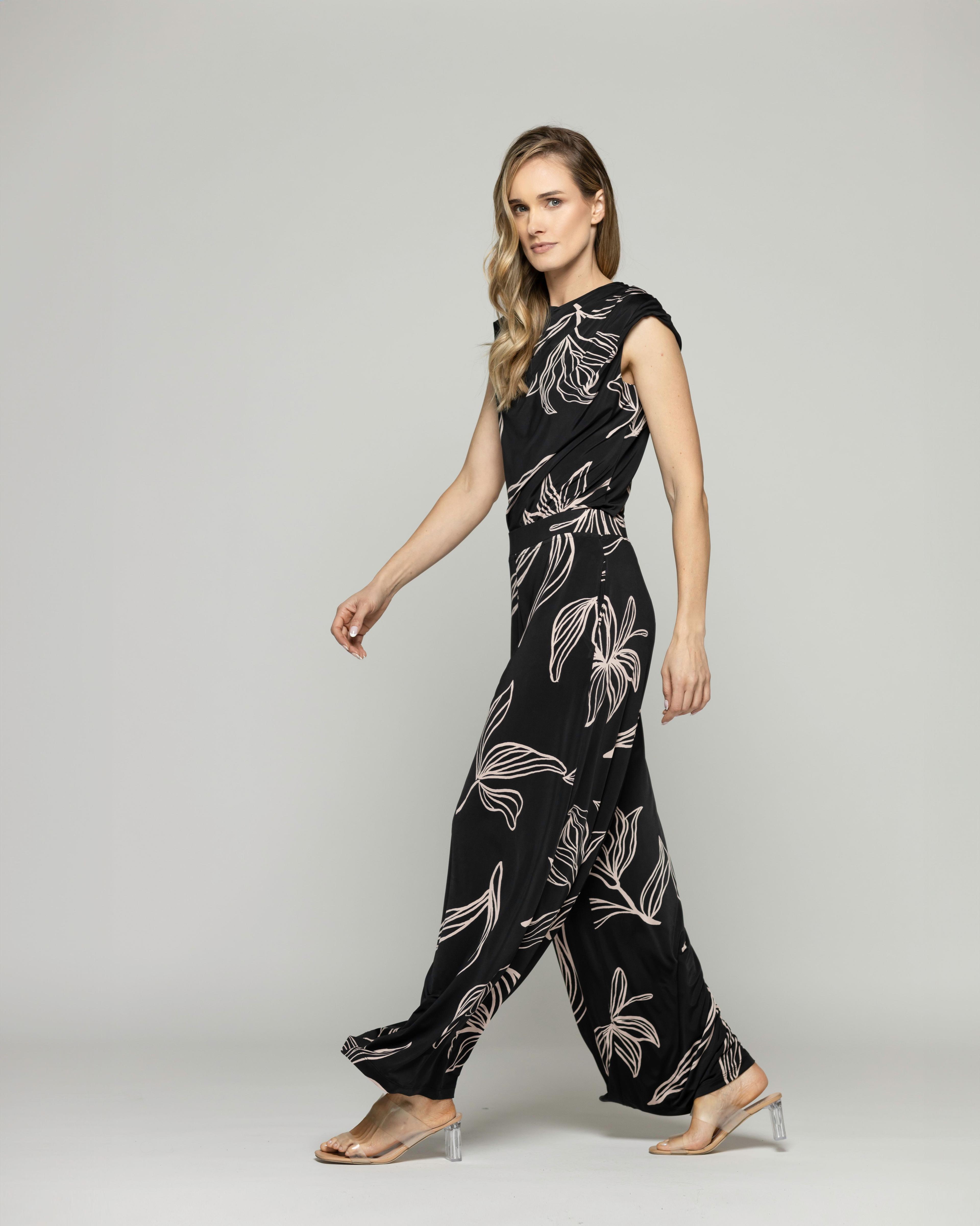 Pantalón Mujer Manzanilla Palazzo  Estampado Flores Lineal Negro Ludovica-1