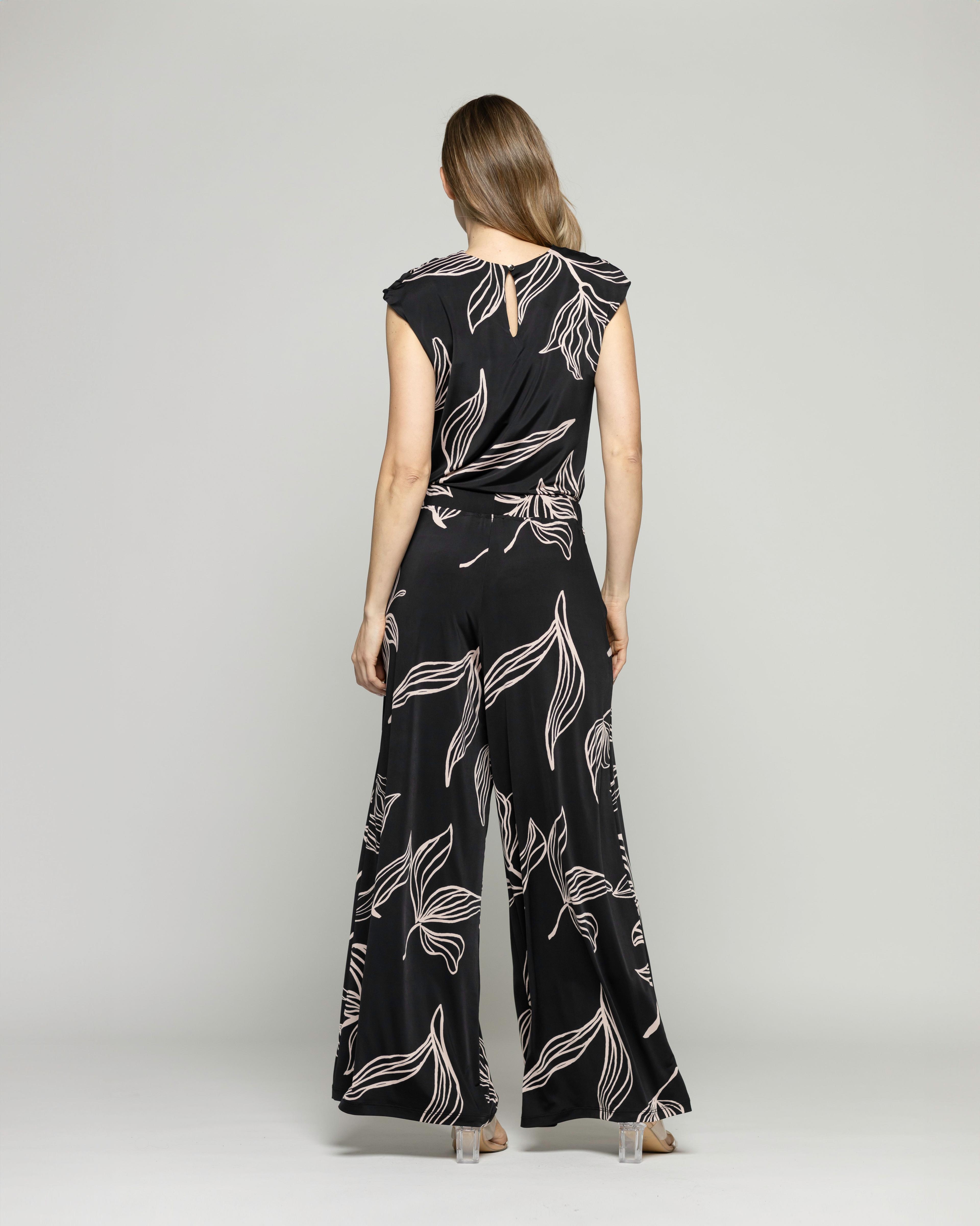 Pantalón Mujer Manzanilla Palazzo  Estampado Flores Lineal Negro Ludovica-2