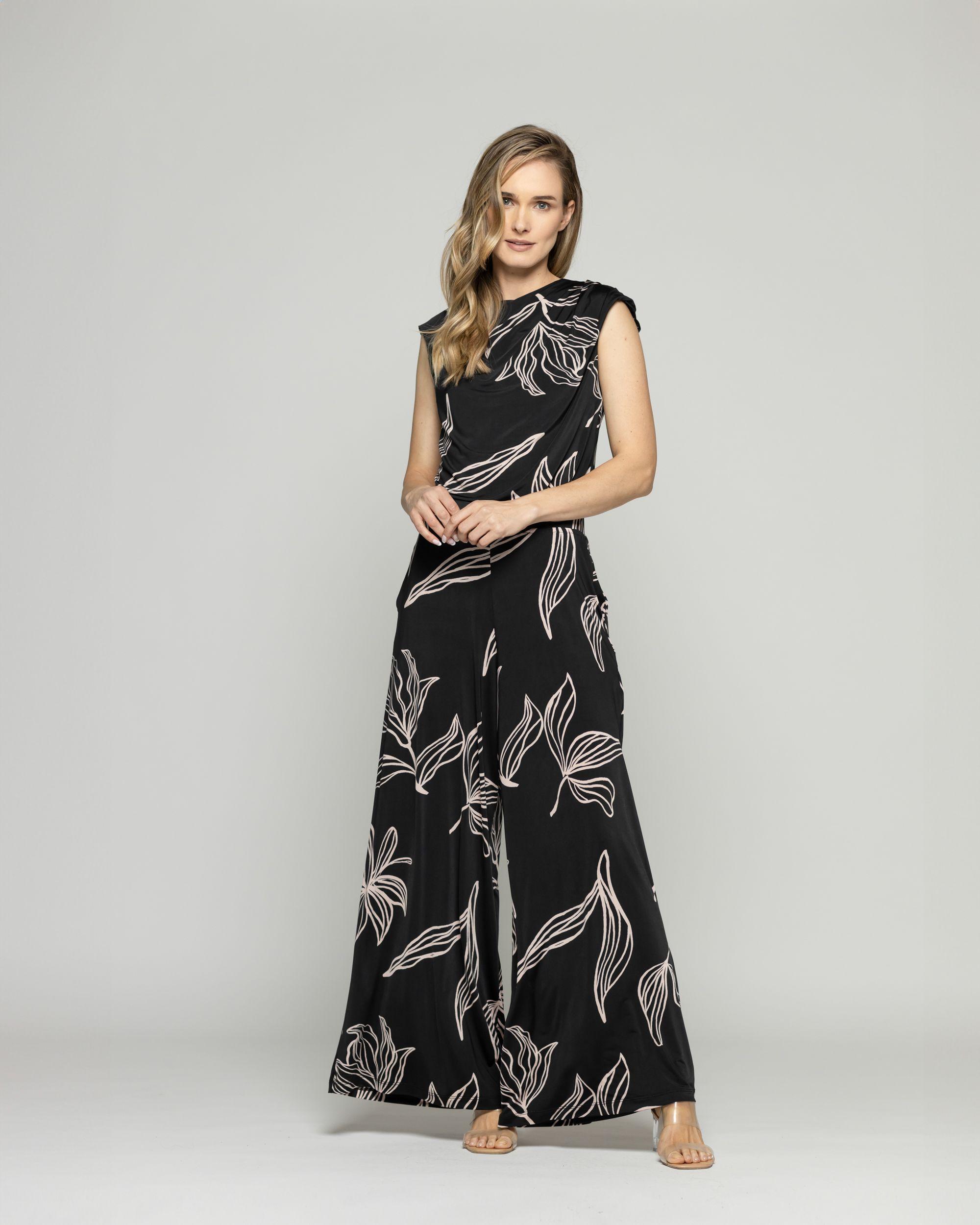 Pantalón Mujer Manzanilla Palazzo  Estampado Flores Lineal Negro Ludovica-1