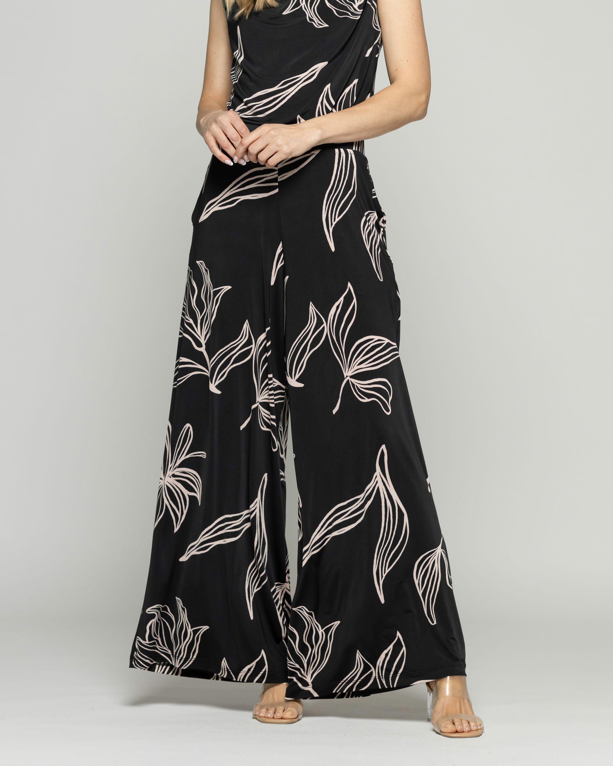 Pantalón Mujer Manzanilla Palazzo  Estampado Flores Lineal Negro Ludovica-2