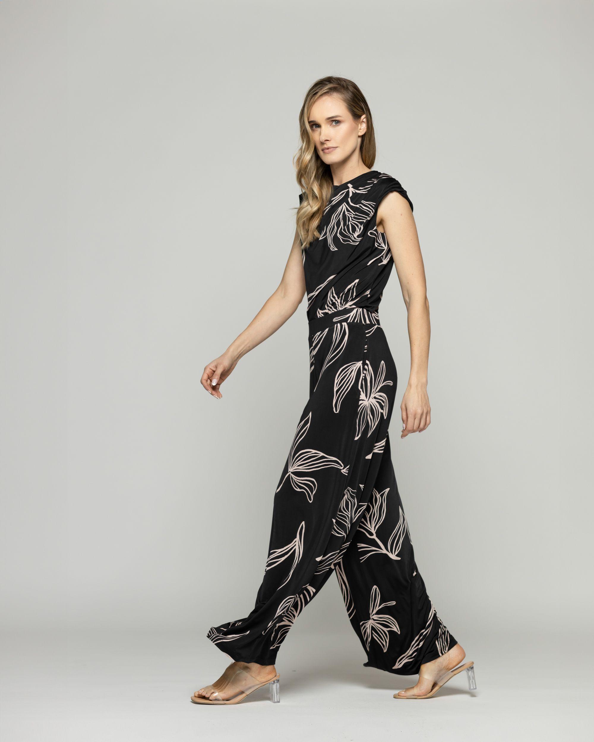 Pantalón Mujer Manzanilla Palazzo  Estampado Flores Lineal Negro Ludovica-4