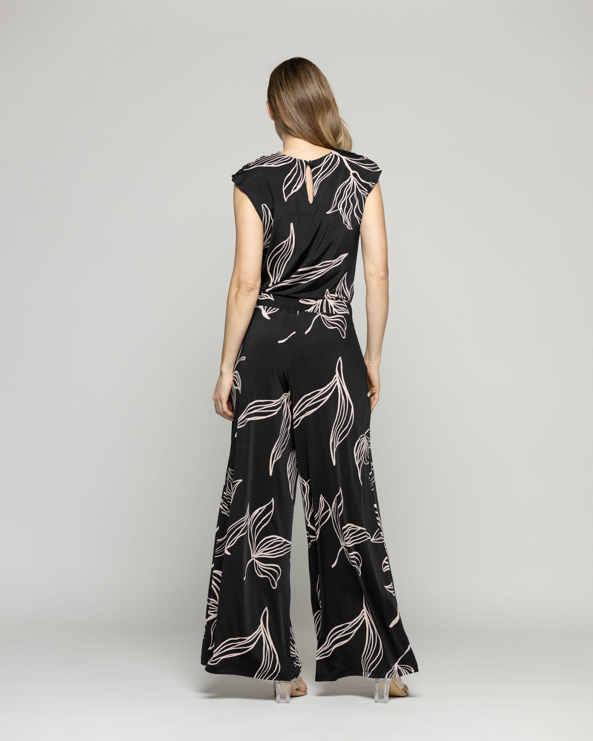 Pantalón Mujer Manzanilla Palazzo  Estampado Flores Lineal Negro Ludovica-6