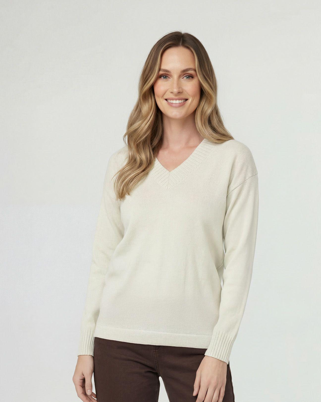 Sweater Mujer Giovanna Relaxed Cuello En V Manga Caída Crudo Lineatre-0