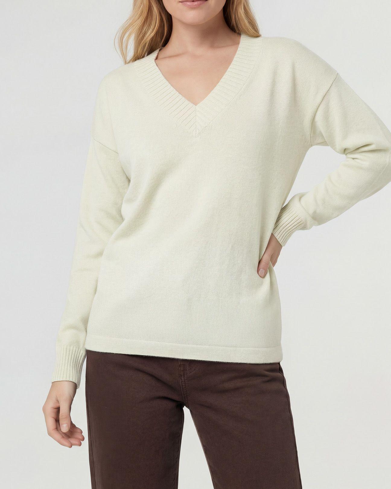 Sweater Mujer Giovanna Relaxed Cuello En V Manga Caída Crudo Lineatre-3