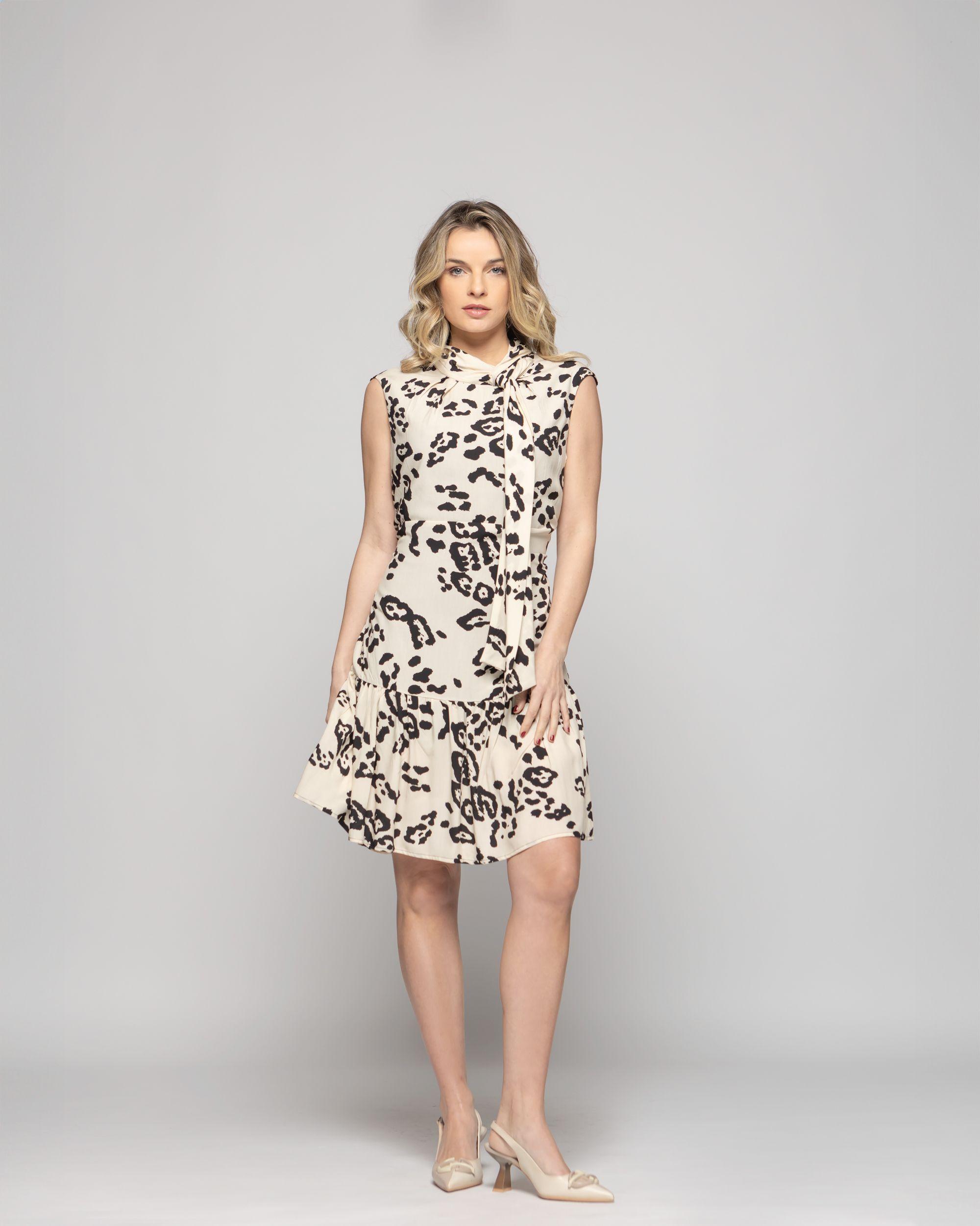 Vestido Mujer Geranio Corto Con Lazo Animal Print Beige Ludovica-9