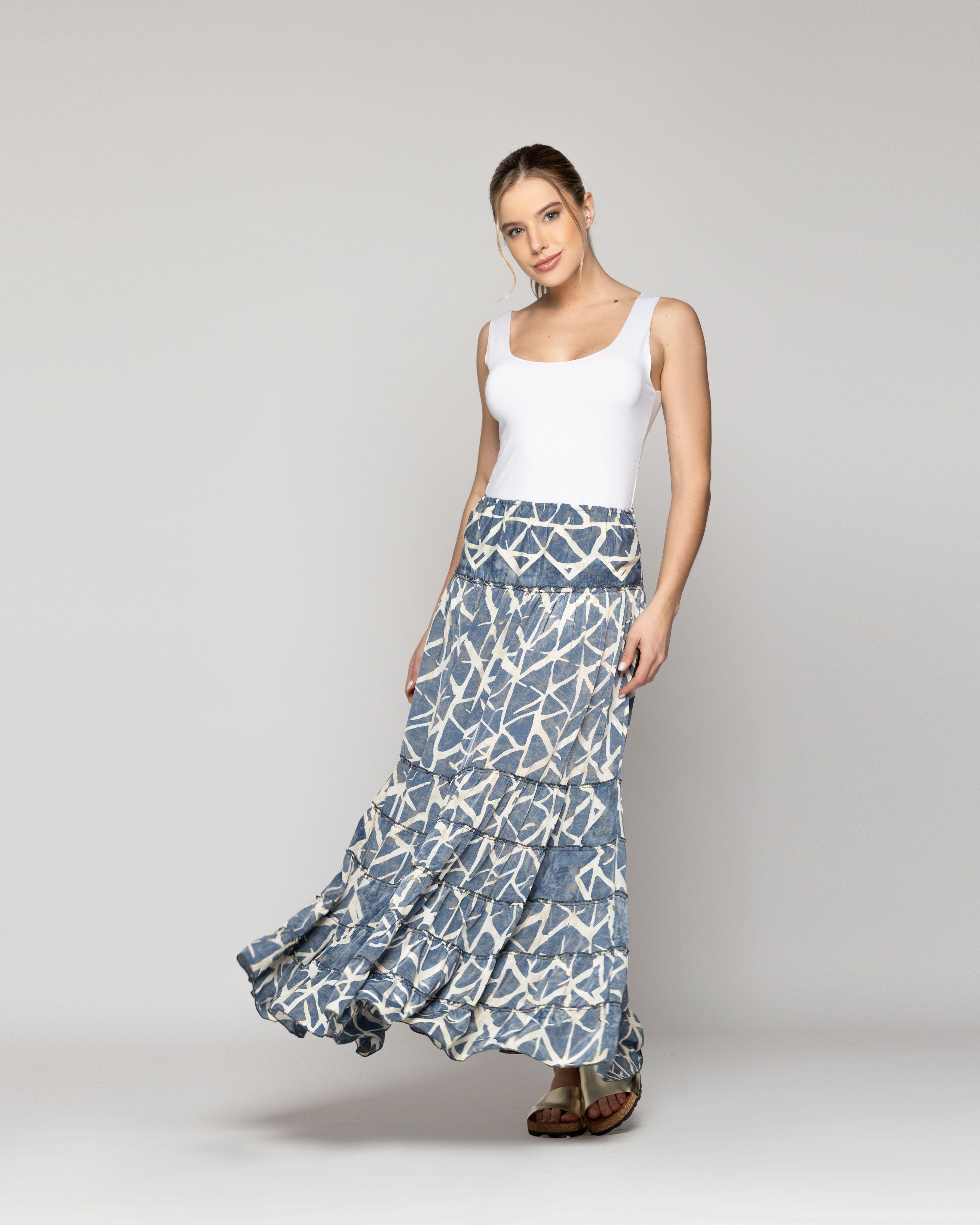 Falda Mujer Federica Con Caída Fluida Y Estampado Azul Y Beige Lineatre-0