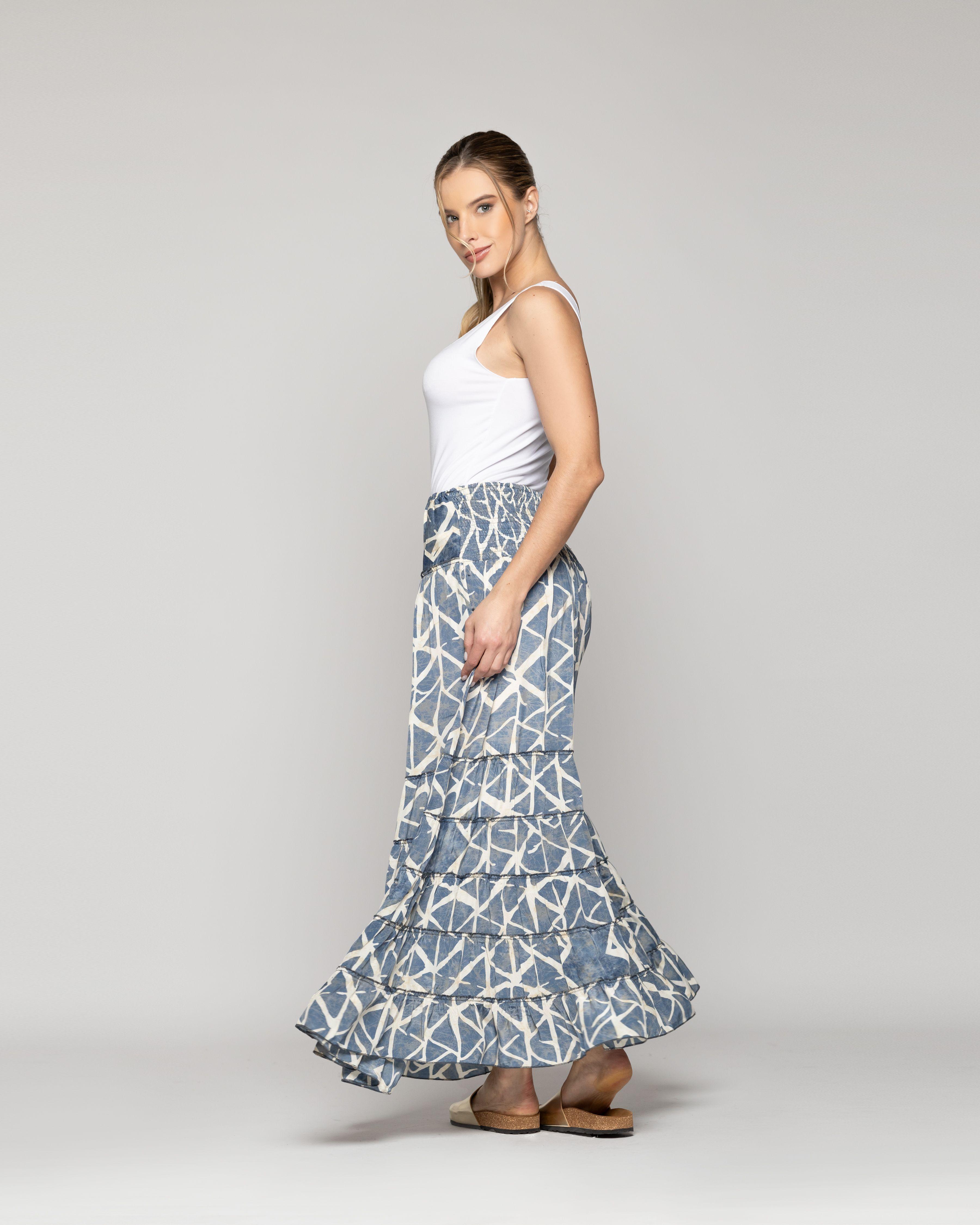 Falda Mujer Federica Con Caída Fluida Y Estampado Azul Y Beige Lineatre-3