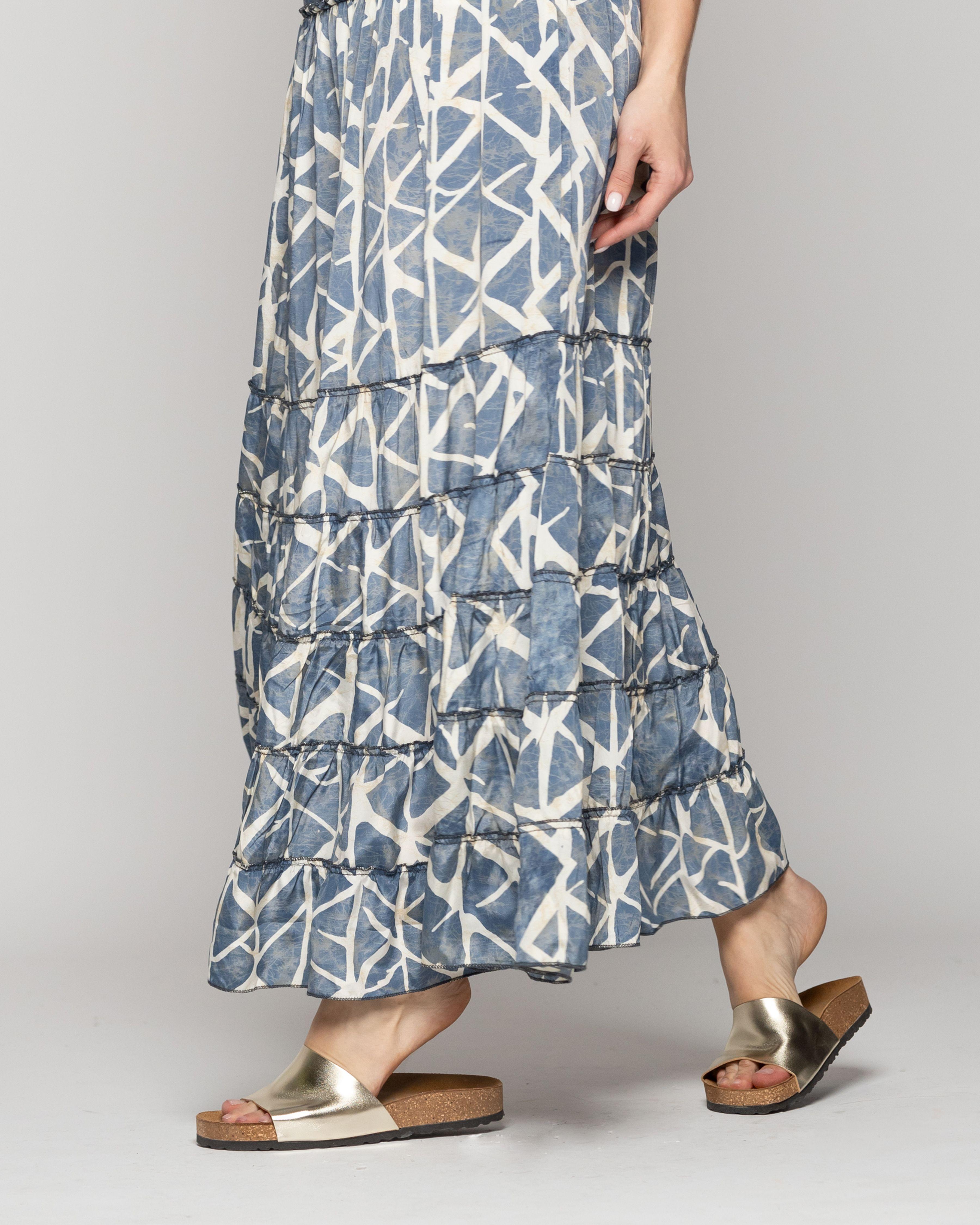 Falda Mujer Federica Con Caída Fluida Y Estampado Azul Y Beige Lineatre-4
