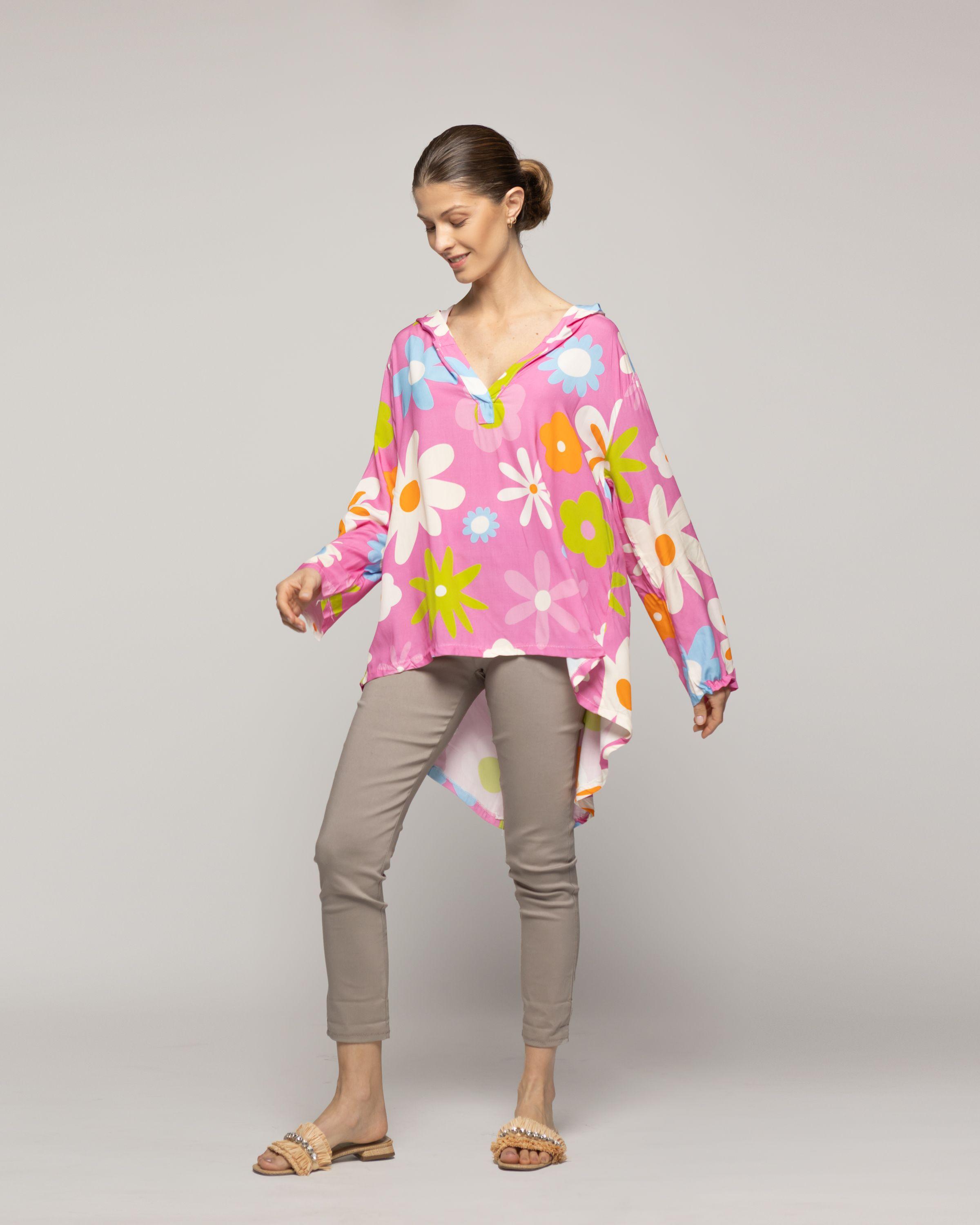 Blusa Mujer Basia Con Capucha Y Flores Fucsia Lineatre-4
