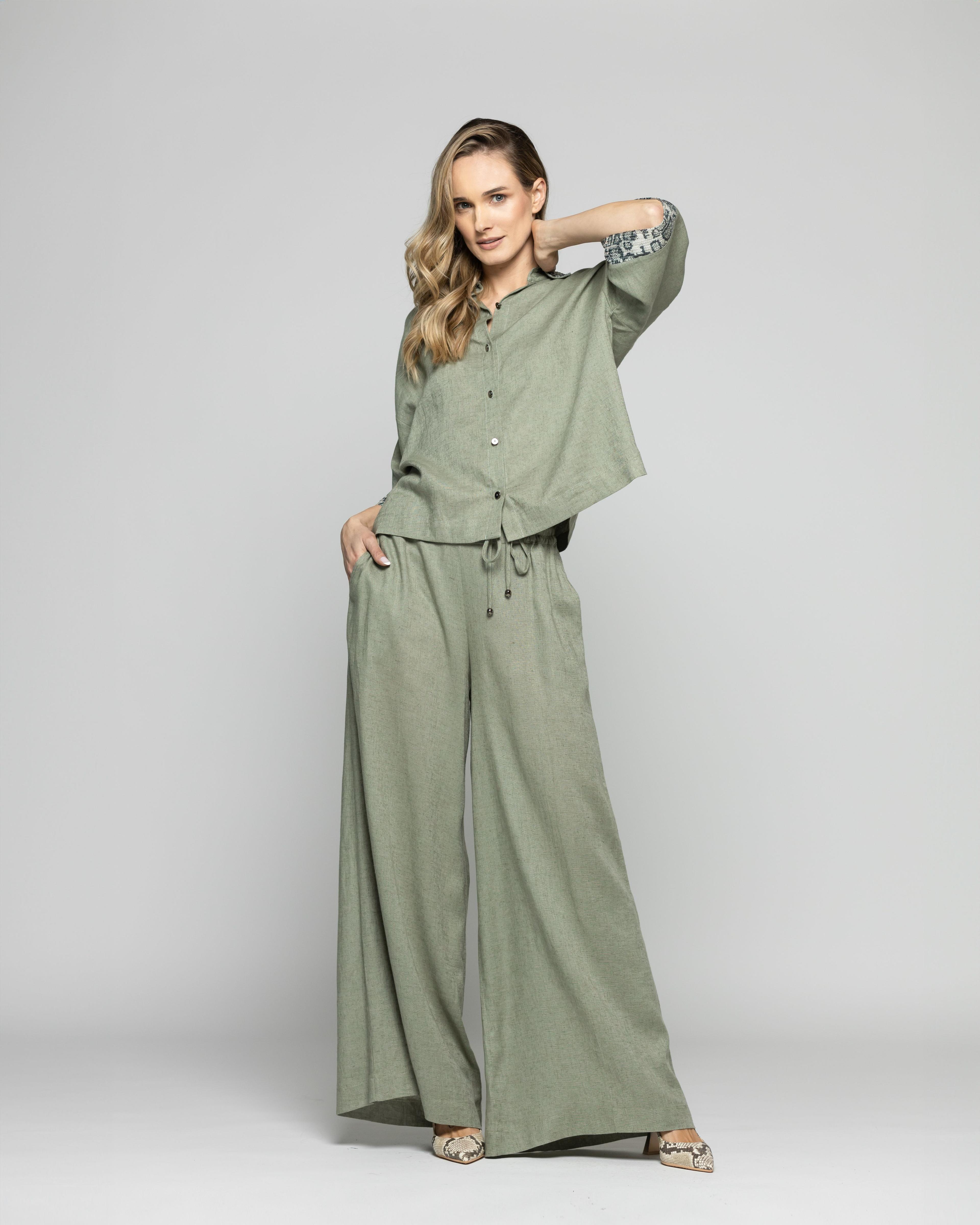 Blusa Mujer Fresia Viscosa Lino Mangas 3/4 Detalle Lentejuelas Verde Militar Ludovica-0