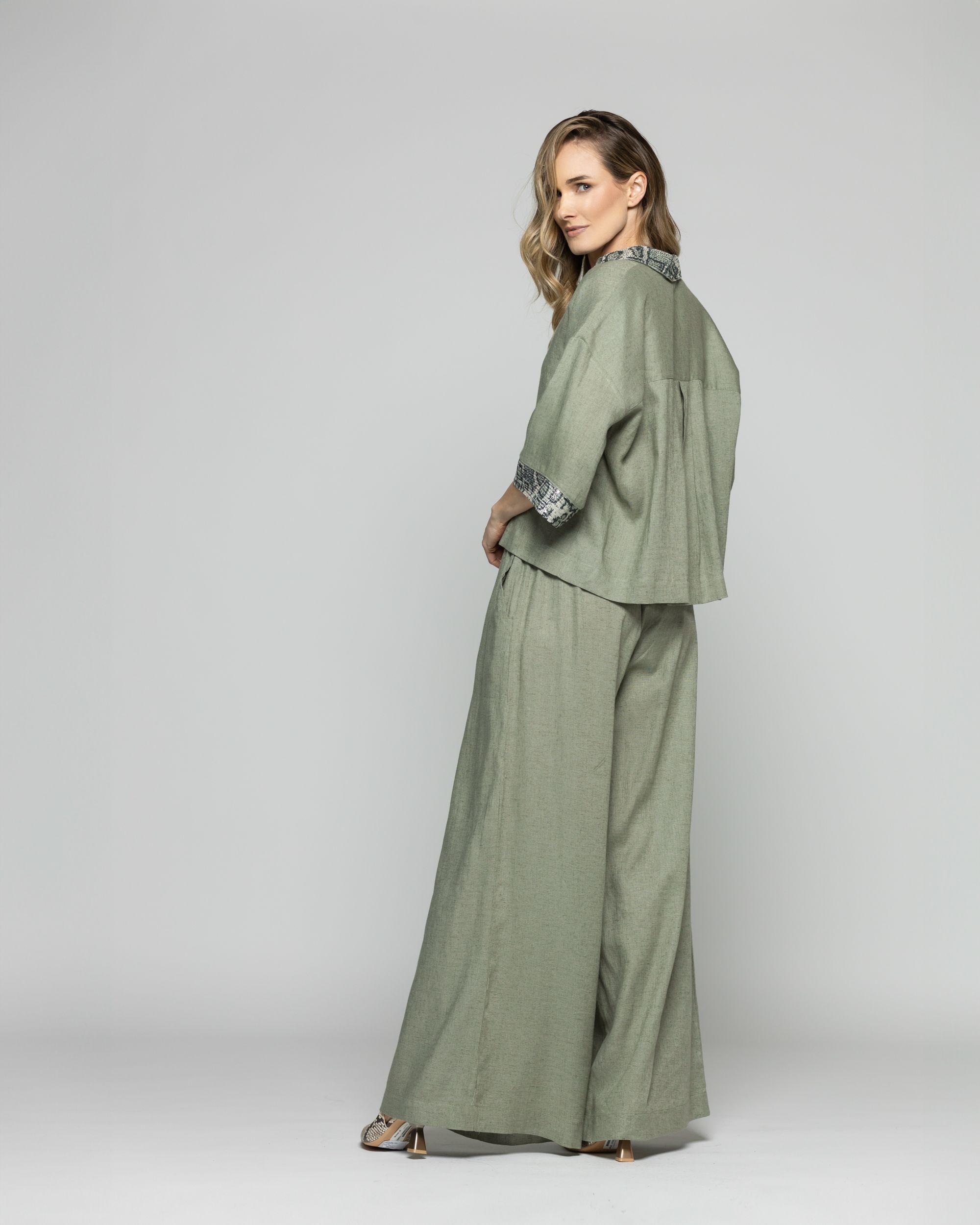 Blusa Mujer Fresia Viscosa Lino Mangas 3/4 Detalle Lentejuelas Verde Militar Ludovica-4