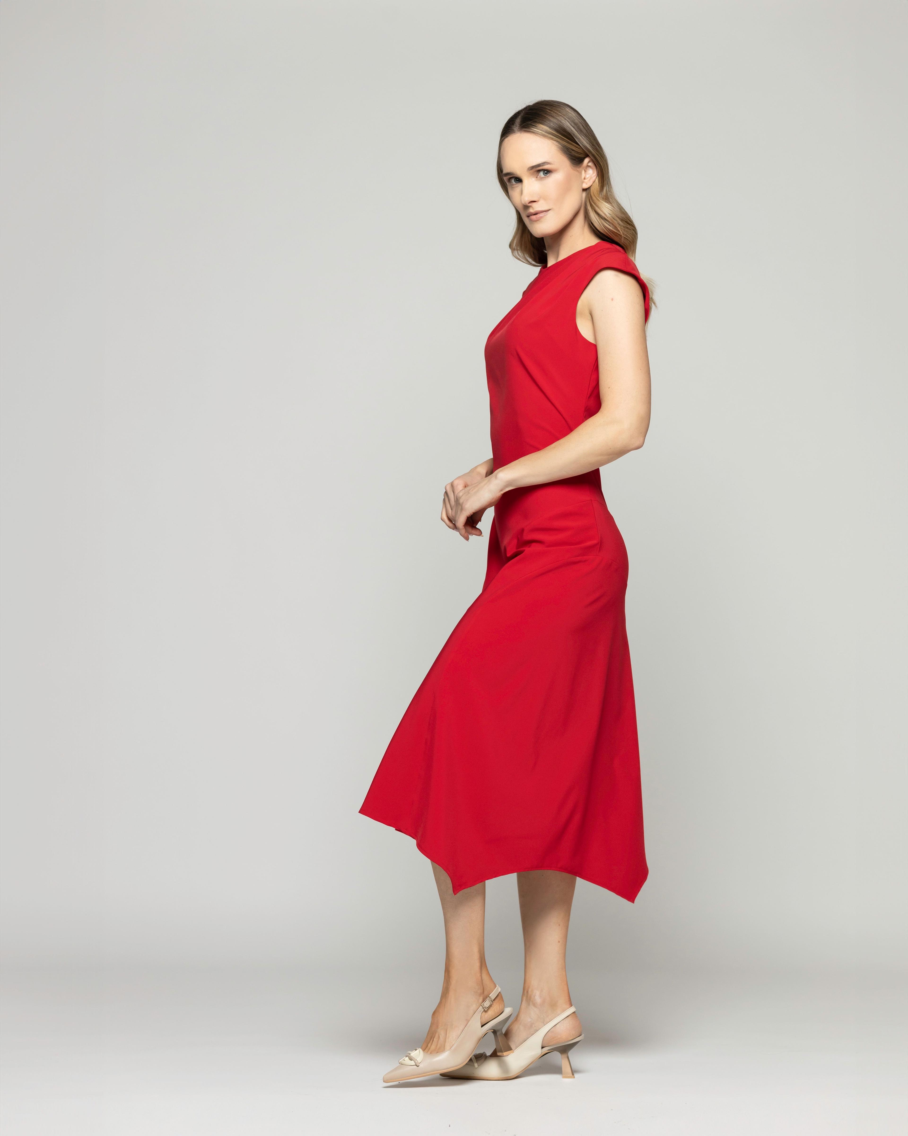 Vestido Mujer Yareta Midi Escote Redondo Hombro Drapeado Liso Rojo Ludovica-4