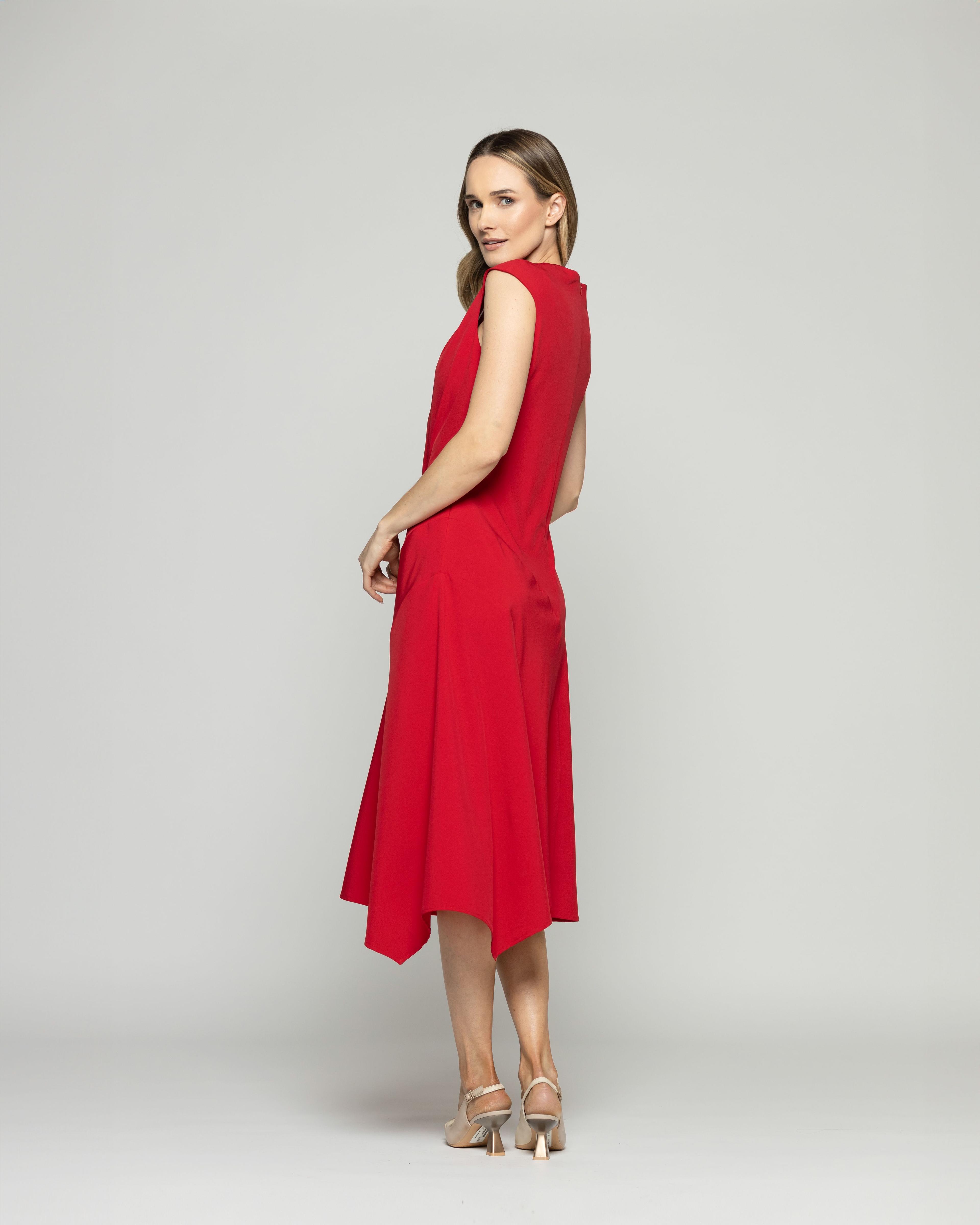Vestido Mujer Yareta Midi Escote Redondo Hombro Drapeado Liso Rojo Ludovica-7