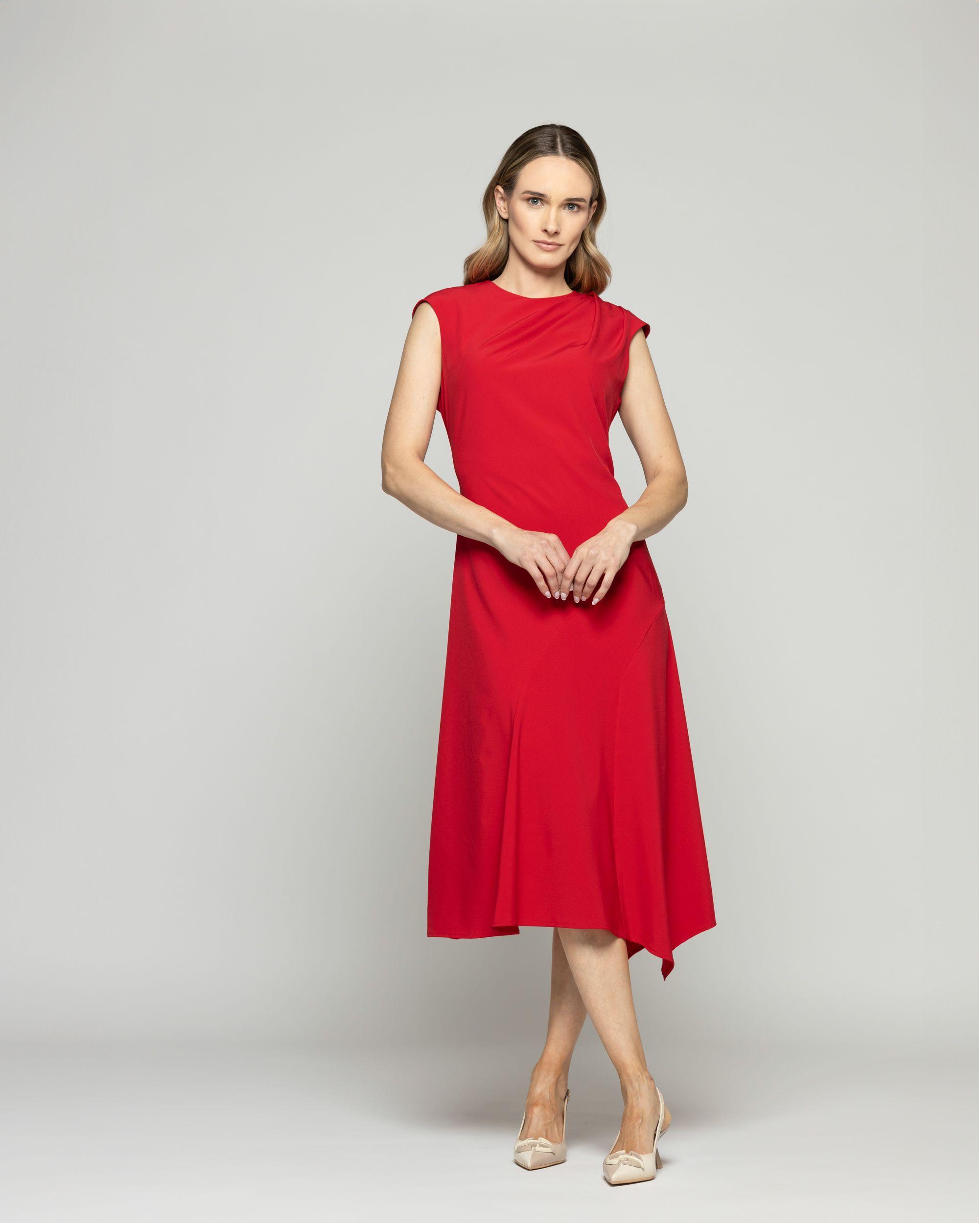 Vestido Mujer Yareta Midi Escote Redondo Hombro Drapeado Liso Rojo Ludovica-2