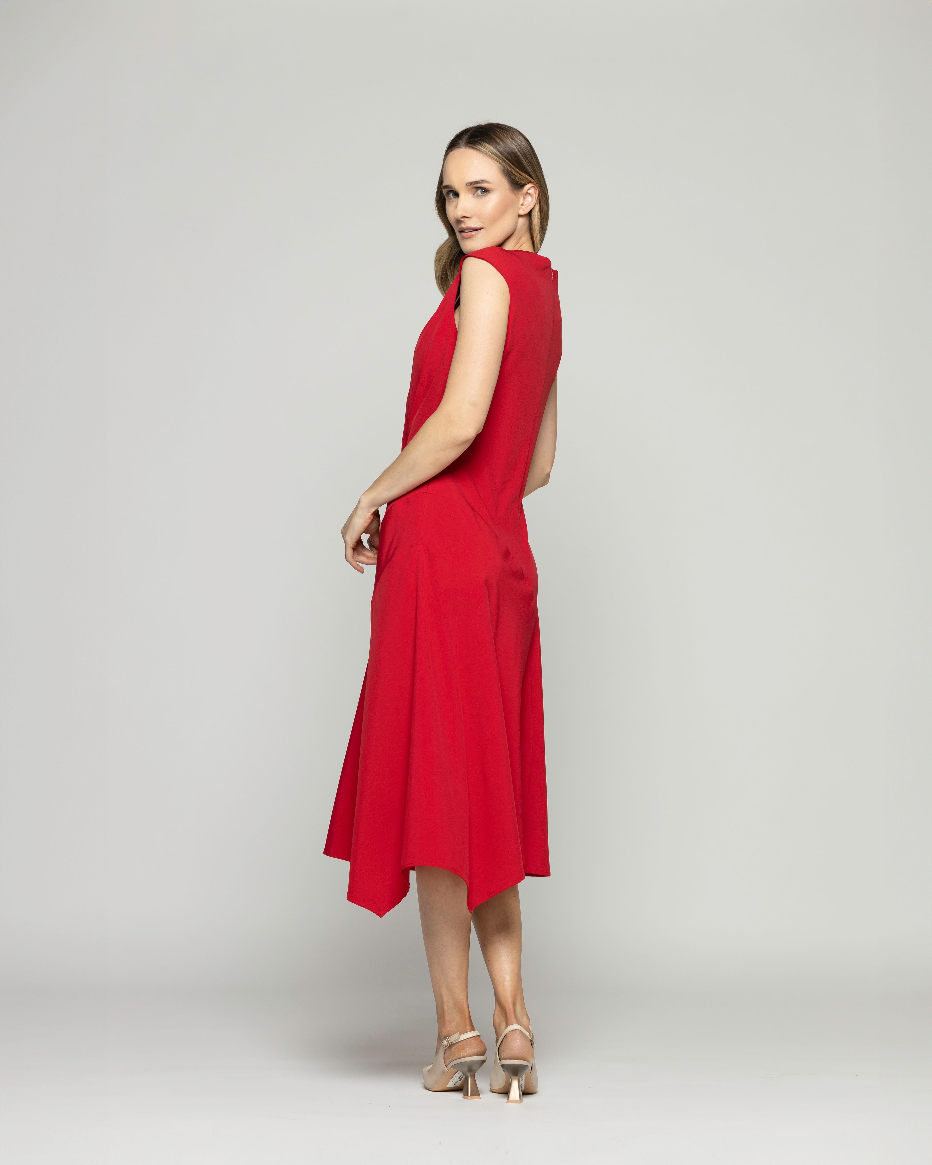 Vestido Mujer Yareta Midi Escote Redondo Hombro Drapeado Liso Rojo Ludovica-9