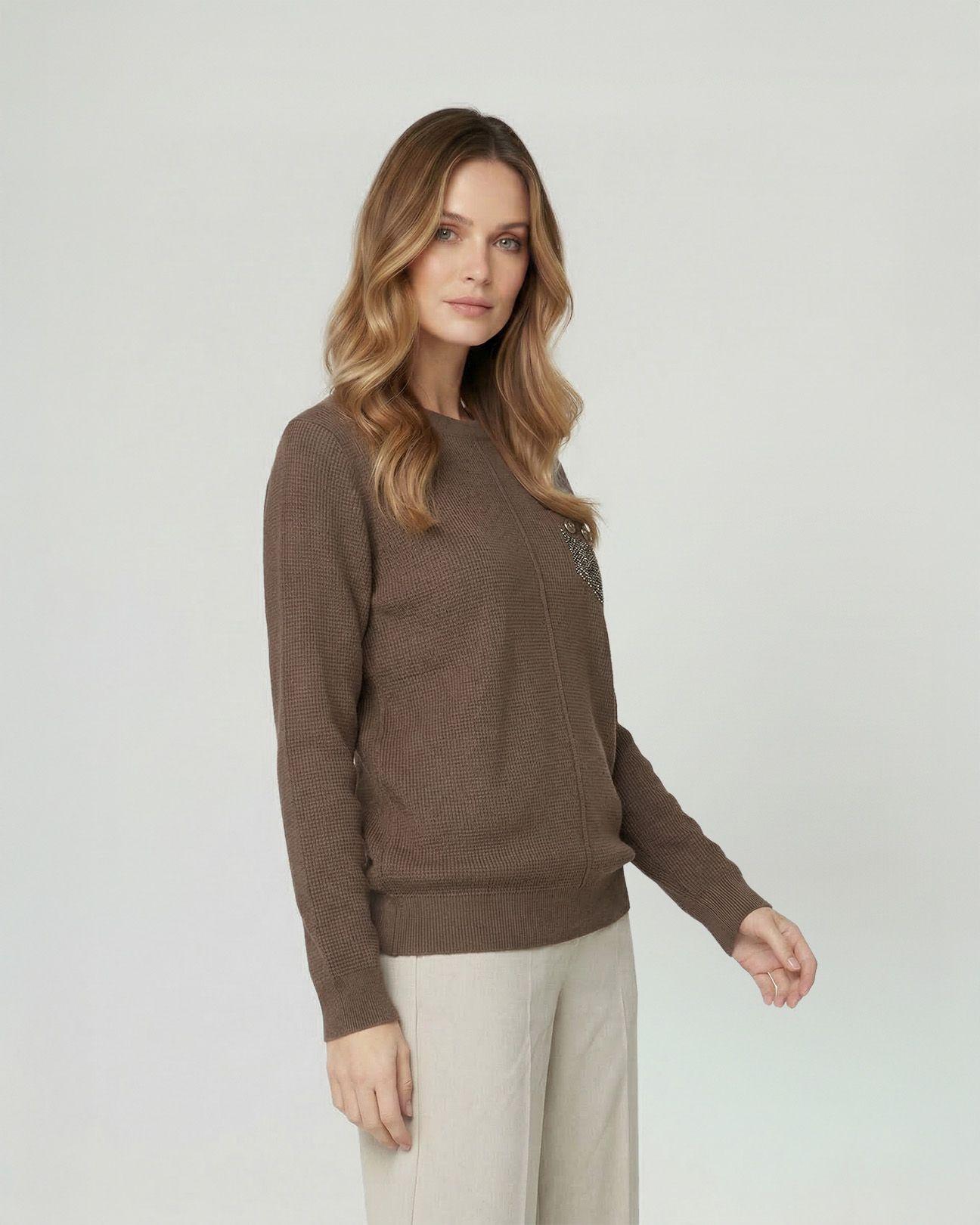 Sweater Mujer Renata Relaxed Cuello Redondo Manga Caída Chocolate Lineatre-0