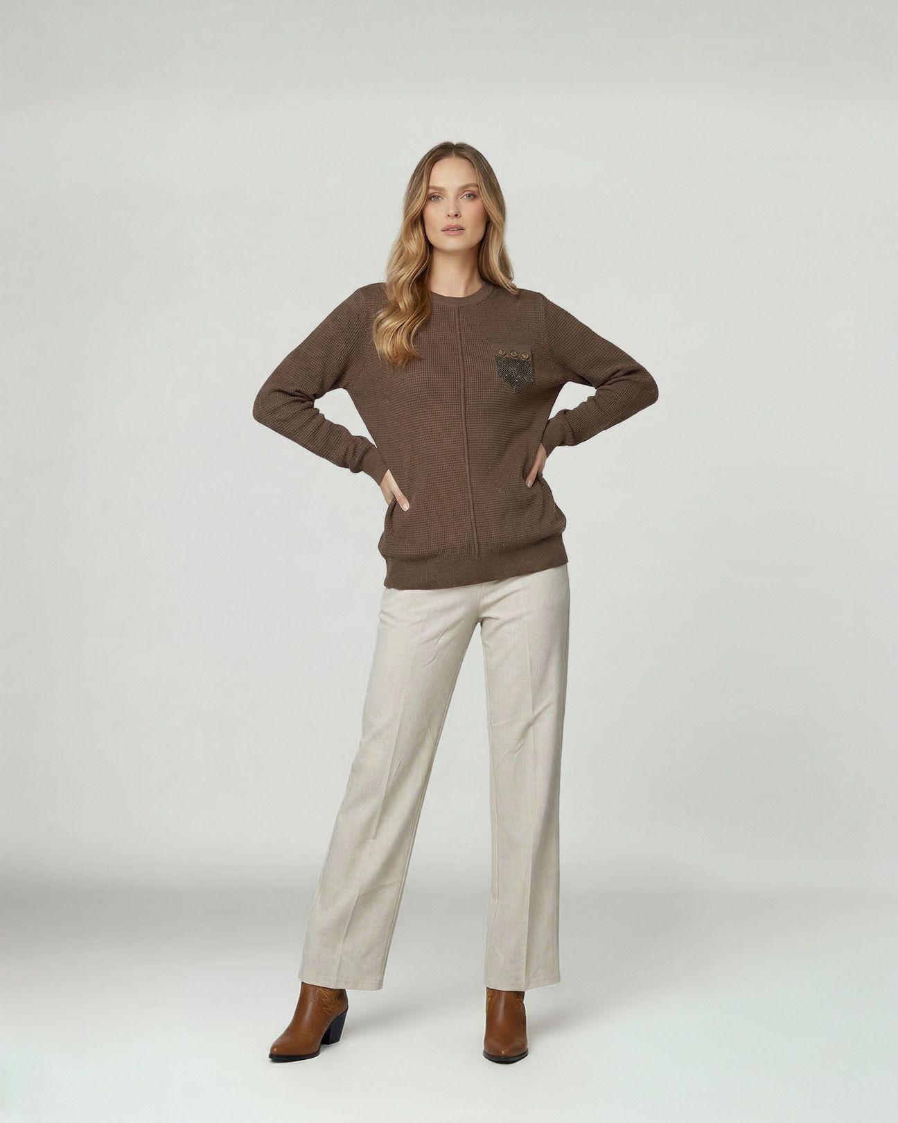 Sweater Mujer Renata Relaxed Cuello Redondo Manga Caída Chocolate Lineatre-3