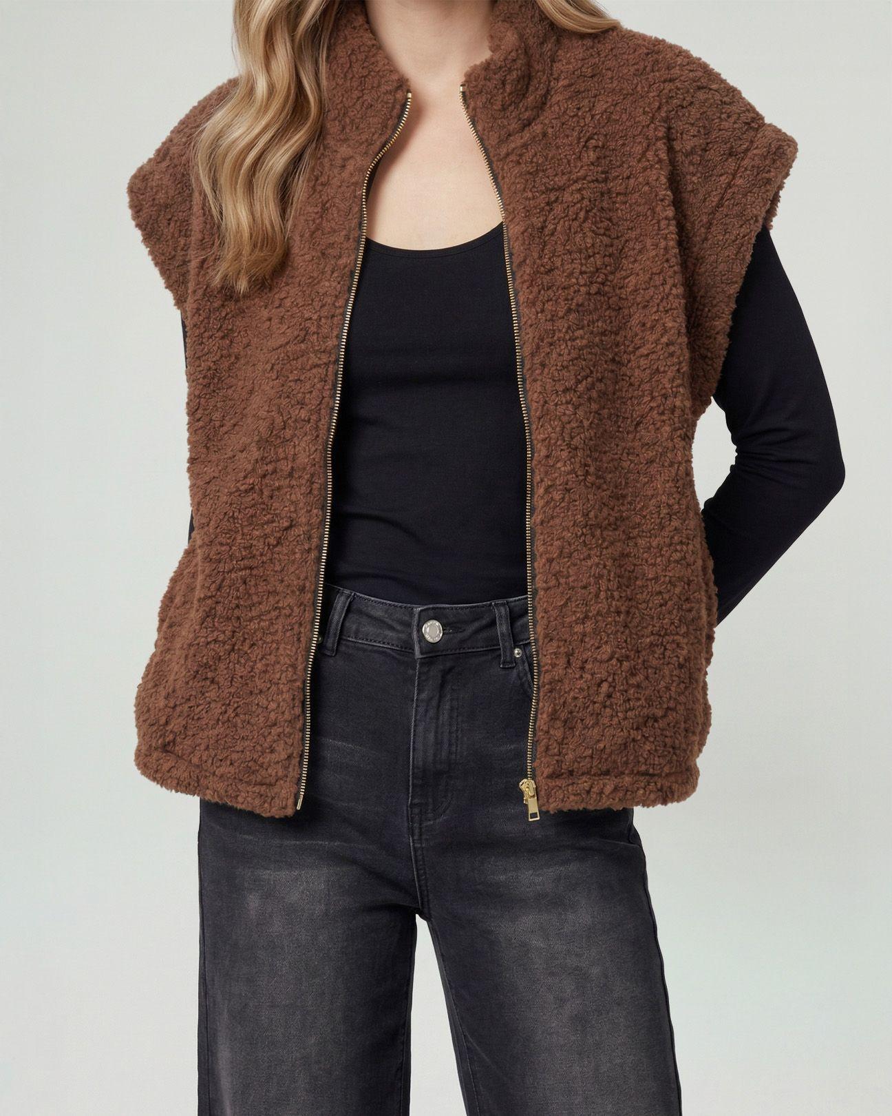 Gillet Mujer Antonia Relaxed Cuello Medio Alto Con Cierre Manga Caída Chocolate Lineatre-2