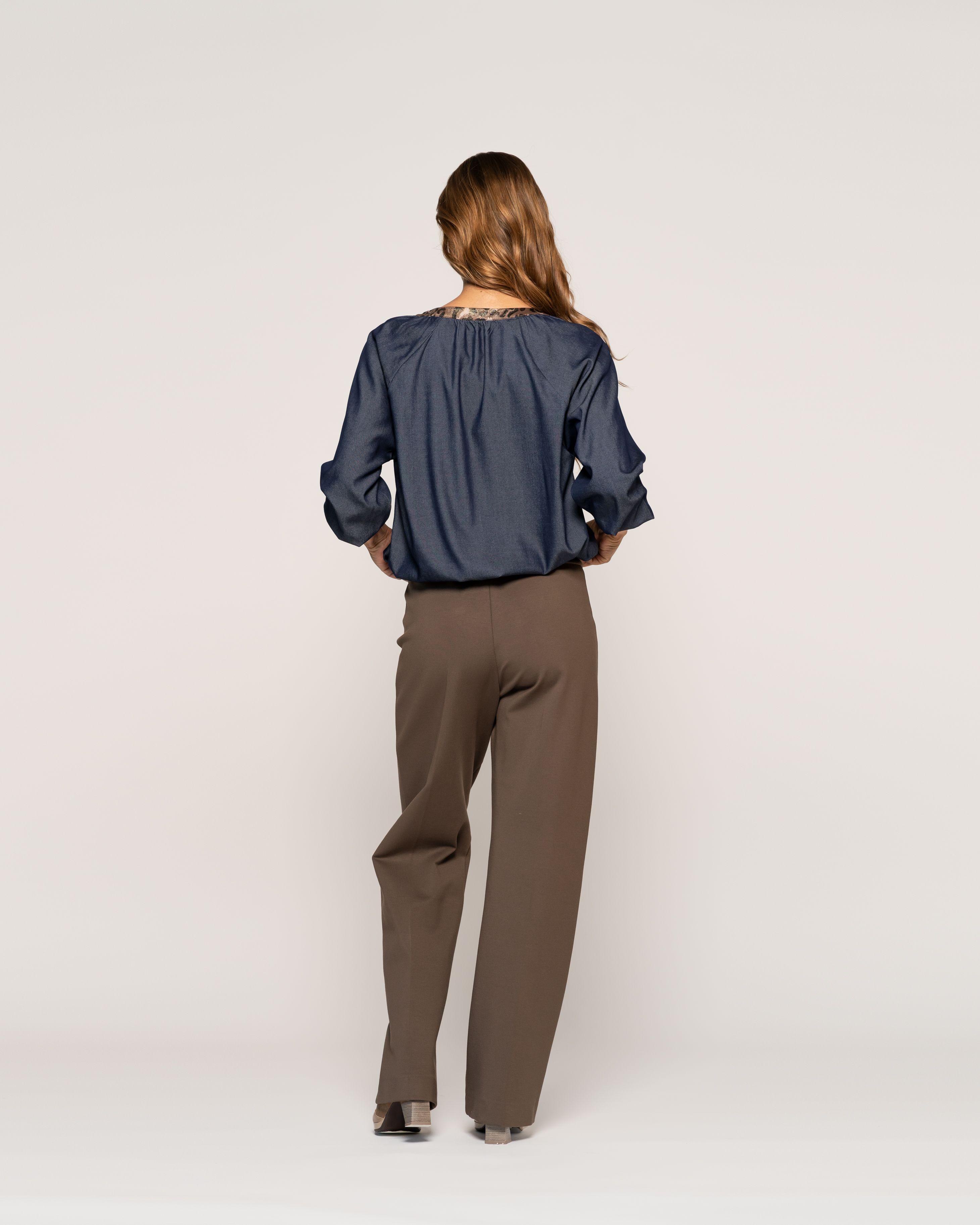 Blusa Amelia Índigo Cuello en V tipo camisa Manga larga Acampanada Sin puño Mujer-2
