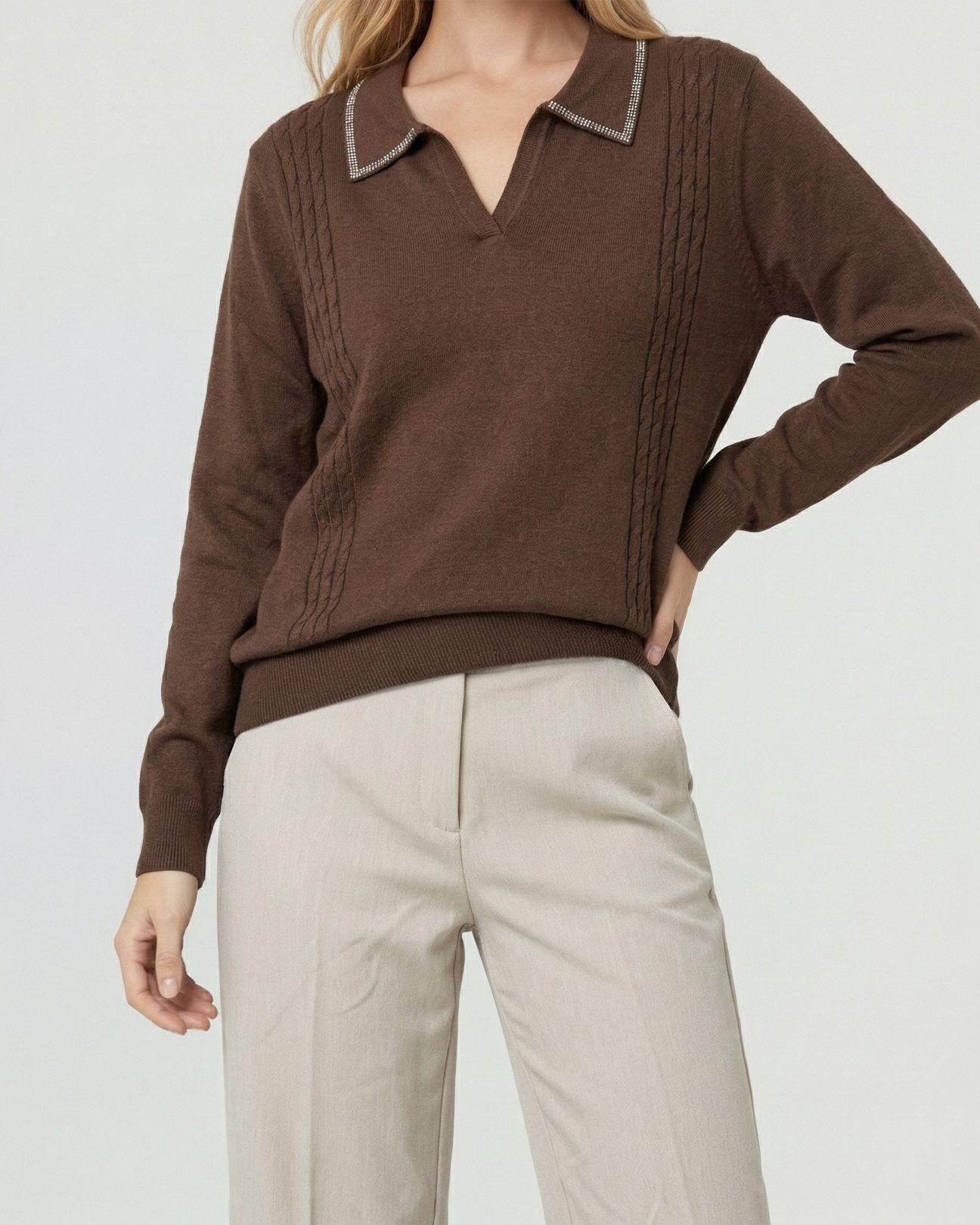 Sweater Mujer Luciana Relaxed Cuello En V Tipo Camisa Manga Caída Chocolate Lineatre-2