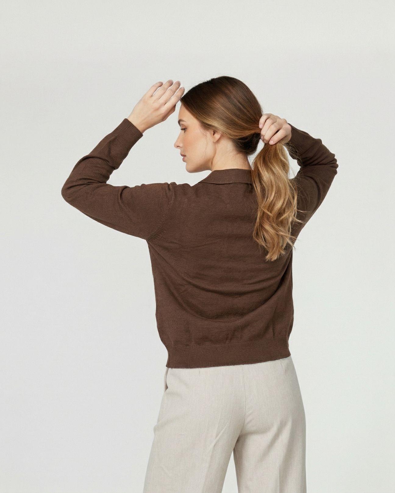 Sweater Mujer Luciana Relaxed Cuello En V Tipo Camisa Manga Caída Chocolate Lineatre-3