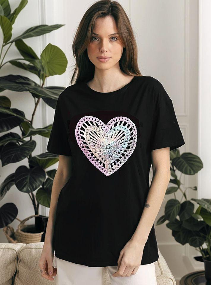 Polera Negra Mujer Oversized con Corazon Bordado-0