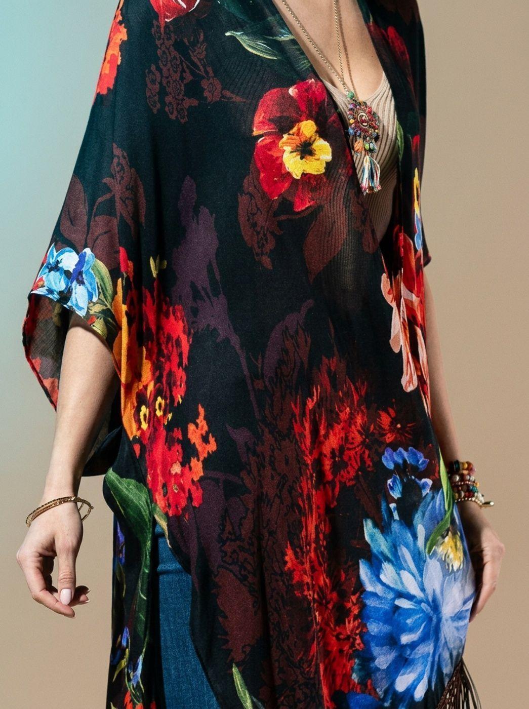 kimono Largo Elegante Pintado con Flecos Brasil soo Glam-1