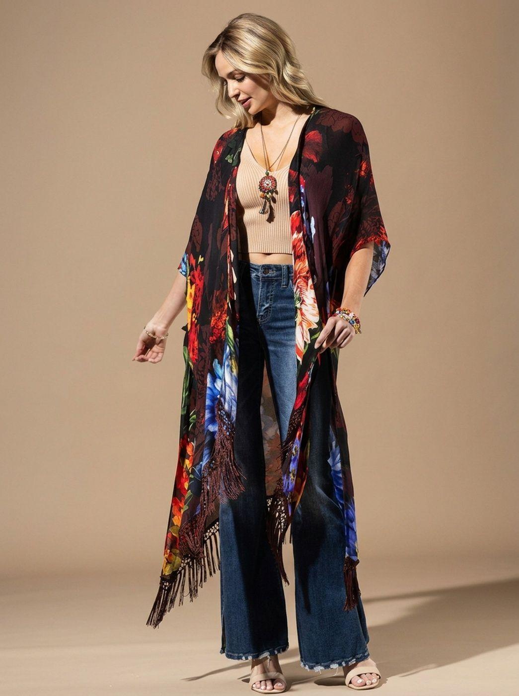 kimono Largo Elegante Pintado con Flecos Brasil soo Glam-2