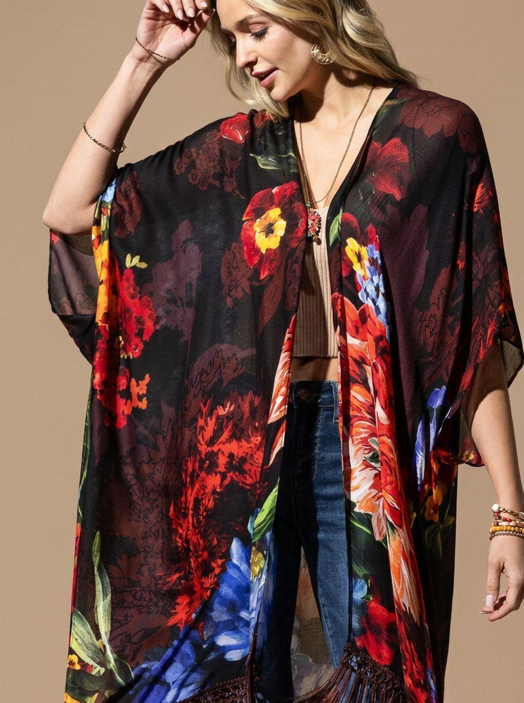 kimono Largo Elegante Pintado con Flecos Brasil soo Glam-3