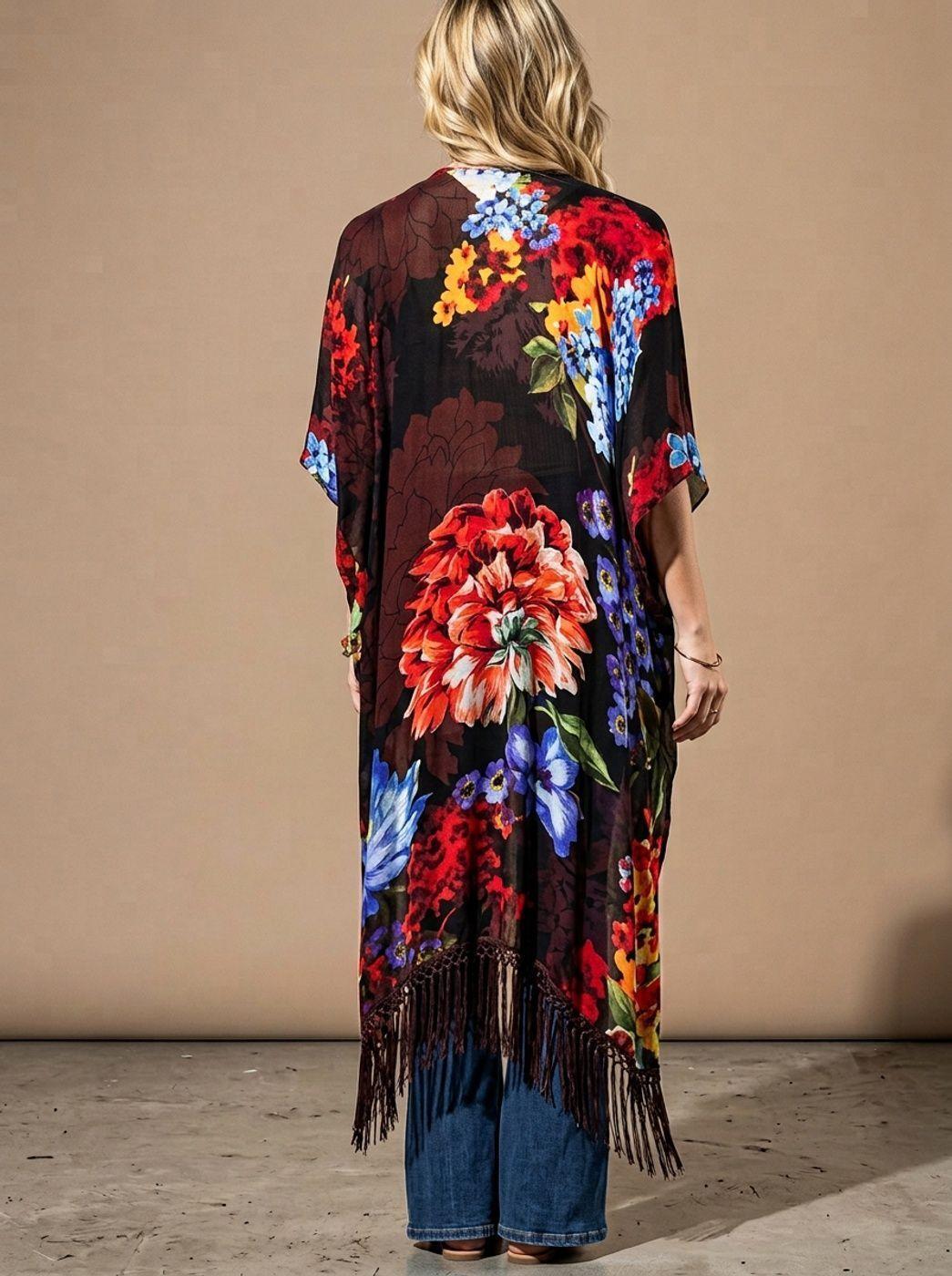 kimono Largo Elegante Pintado con Flecos Brasil soo Glam-4