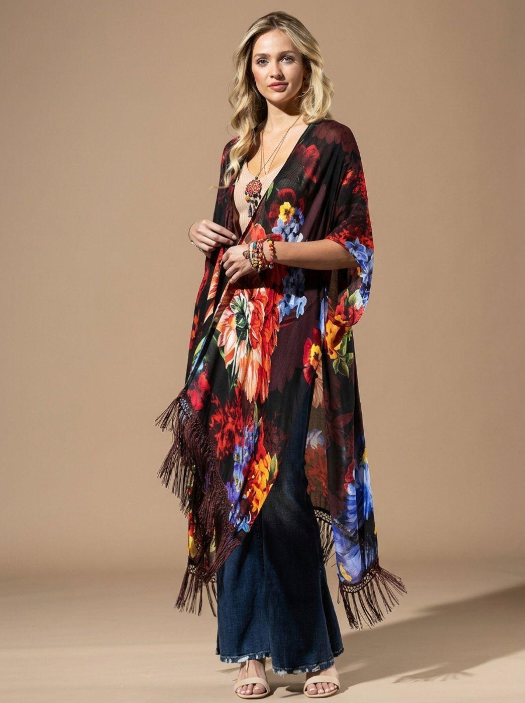 kimono Largo Elegante Pintado con Flecos Brasil soo Glam-5