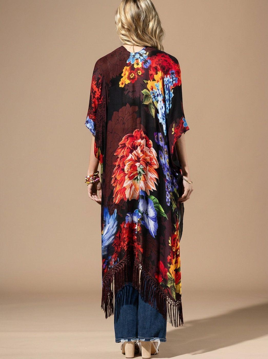 kimono Largo Elegante Pintado con Flecos Brasil soo Glam-6