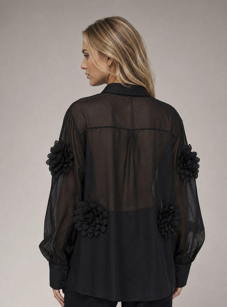Blusa Elegante Seda Negra delicada con rosetones by Brasil soo Glam-2