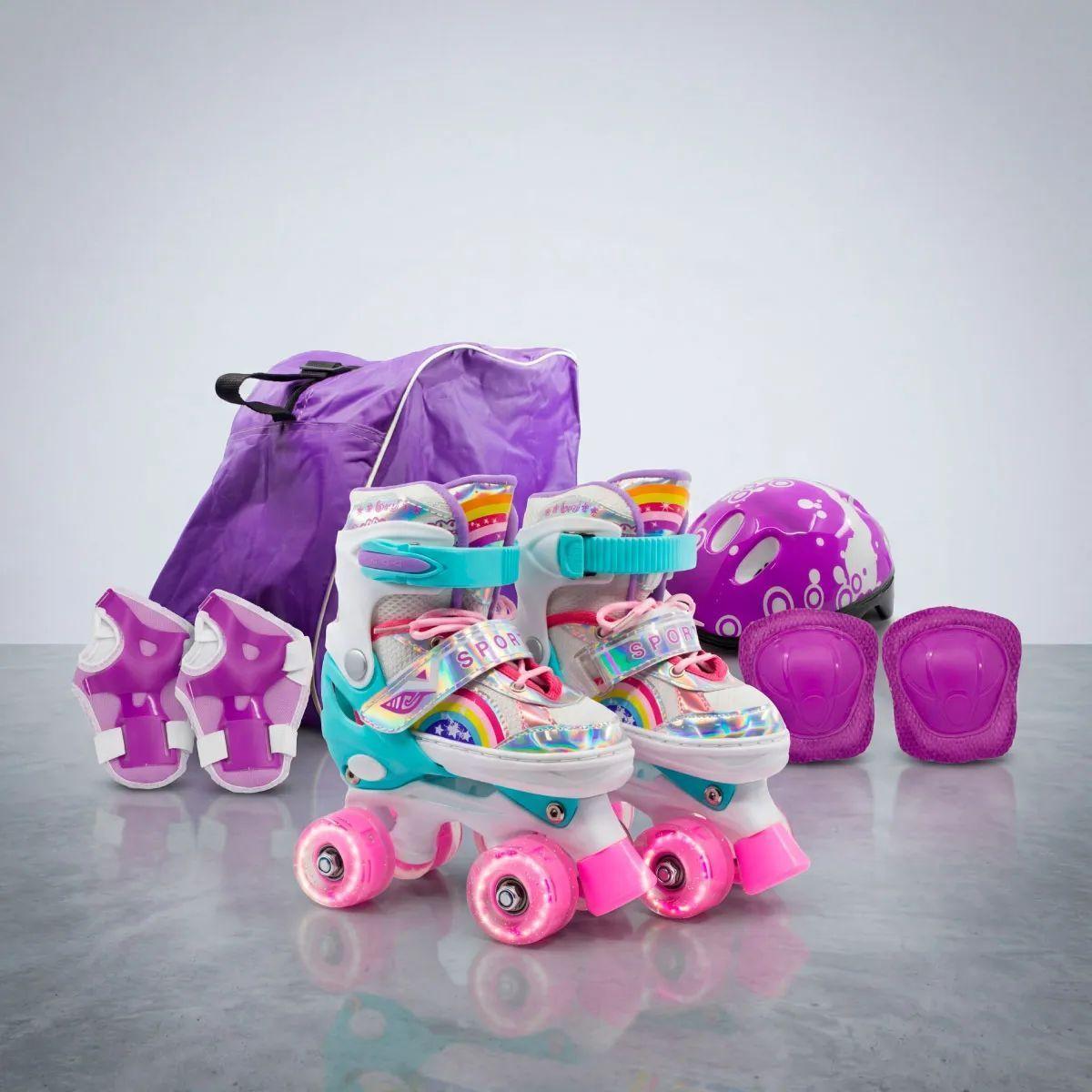 Combo infantil de Patines Ajustables con llantas de luz Verde talla M L magicstore CON KIT DE PROTEC-2