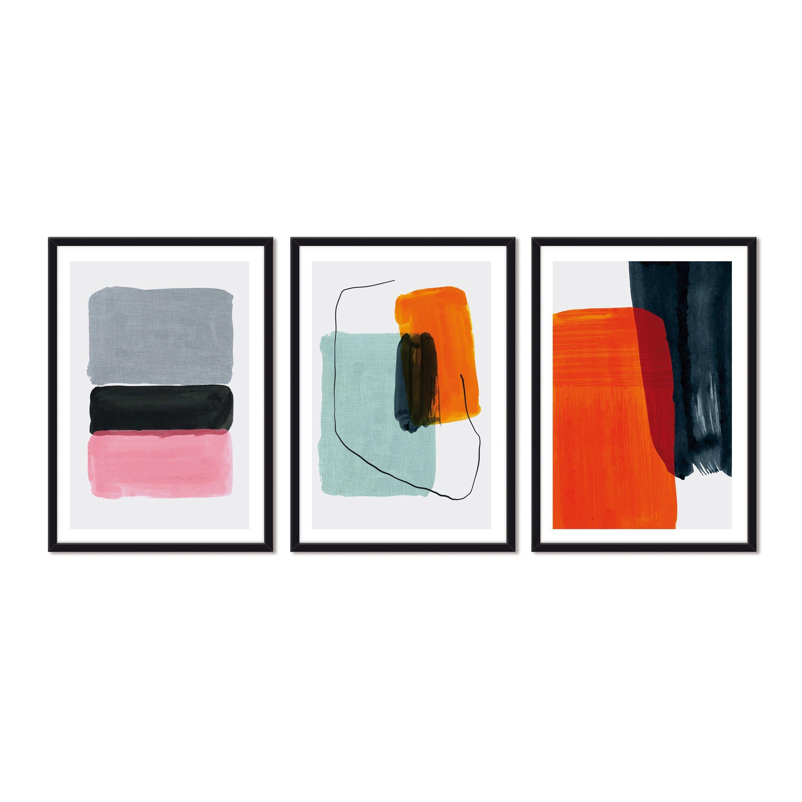 Set Triple Cuadros Abstracto Naranjo Gris-0