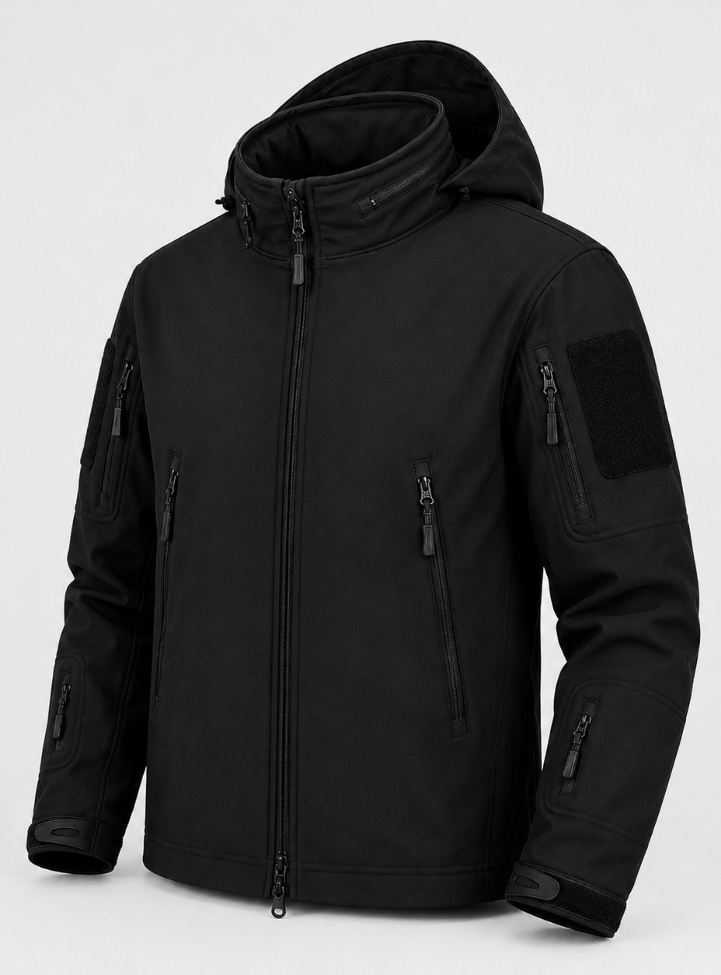 Chaqueta Táctica Militar Softshell Negra Impermeable Forro Polar Capucha-2