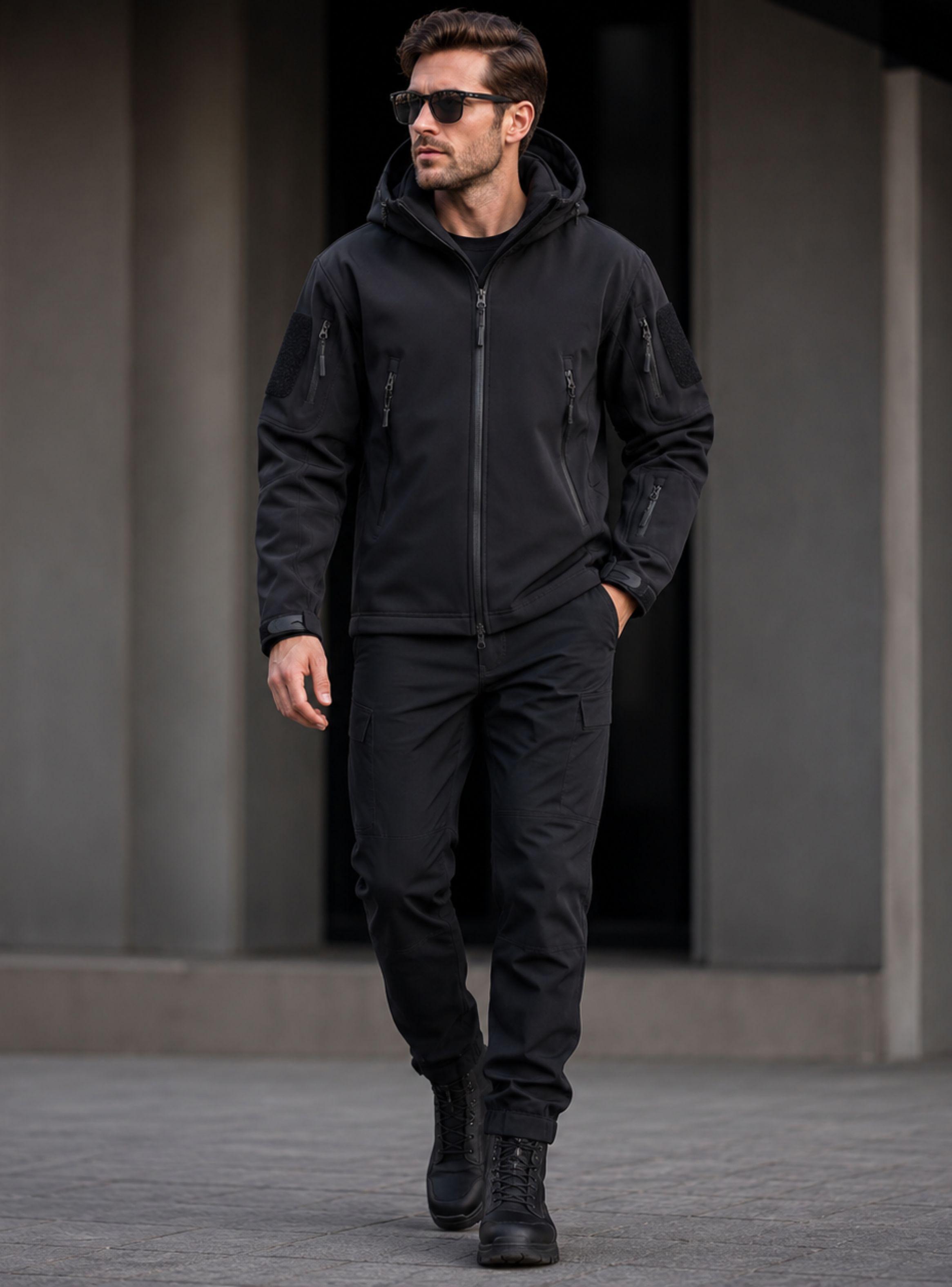 Chaqueta Táctica Militar Softshell Negra Impermeable Forro Polar Capucha-6