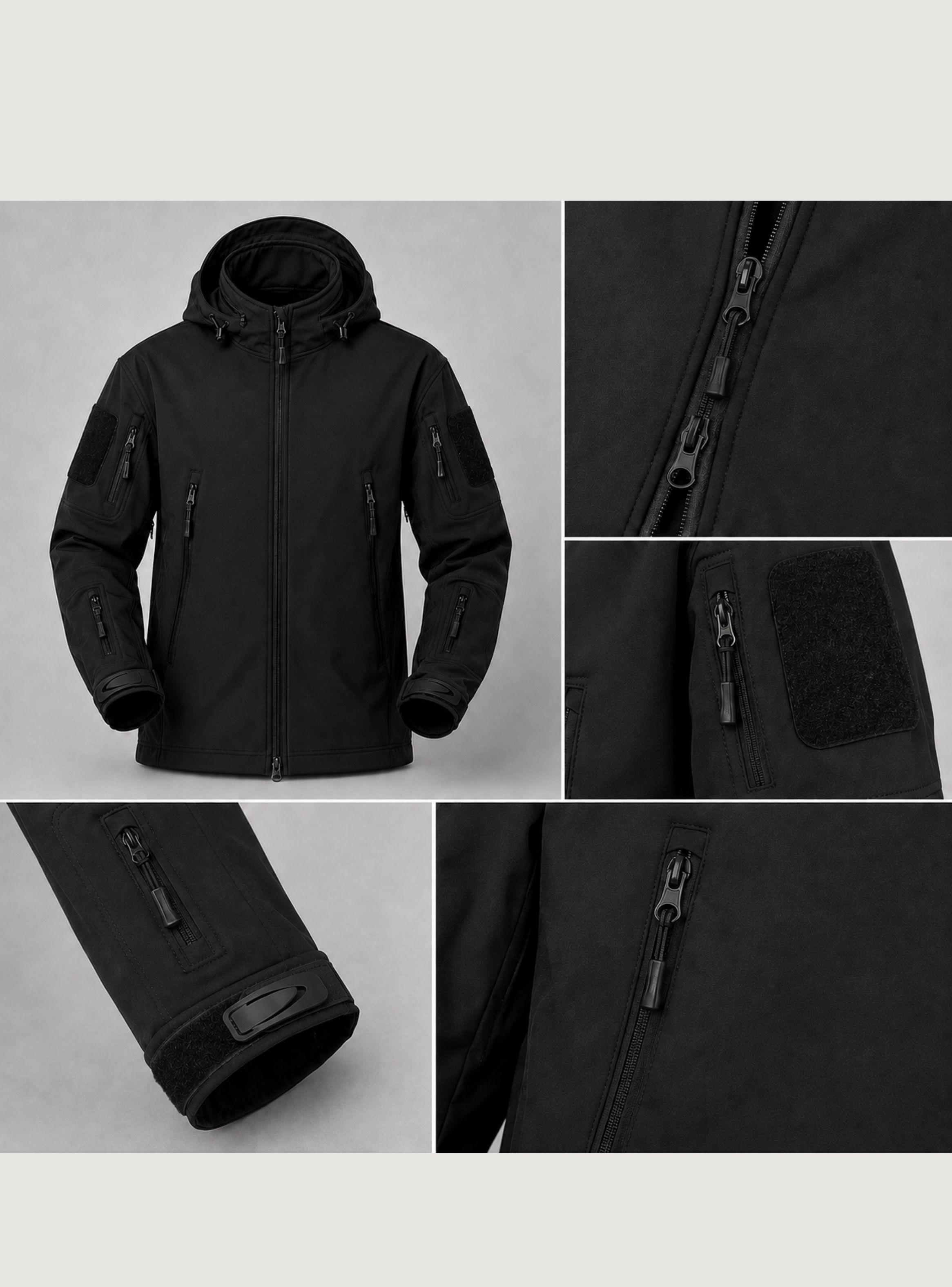 Chaqueta Táctica Militar Softshell Negra Impermeable Forro Polar Capucha-4