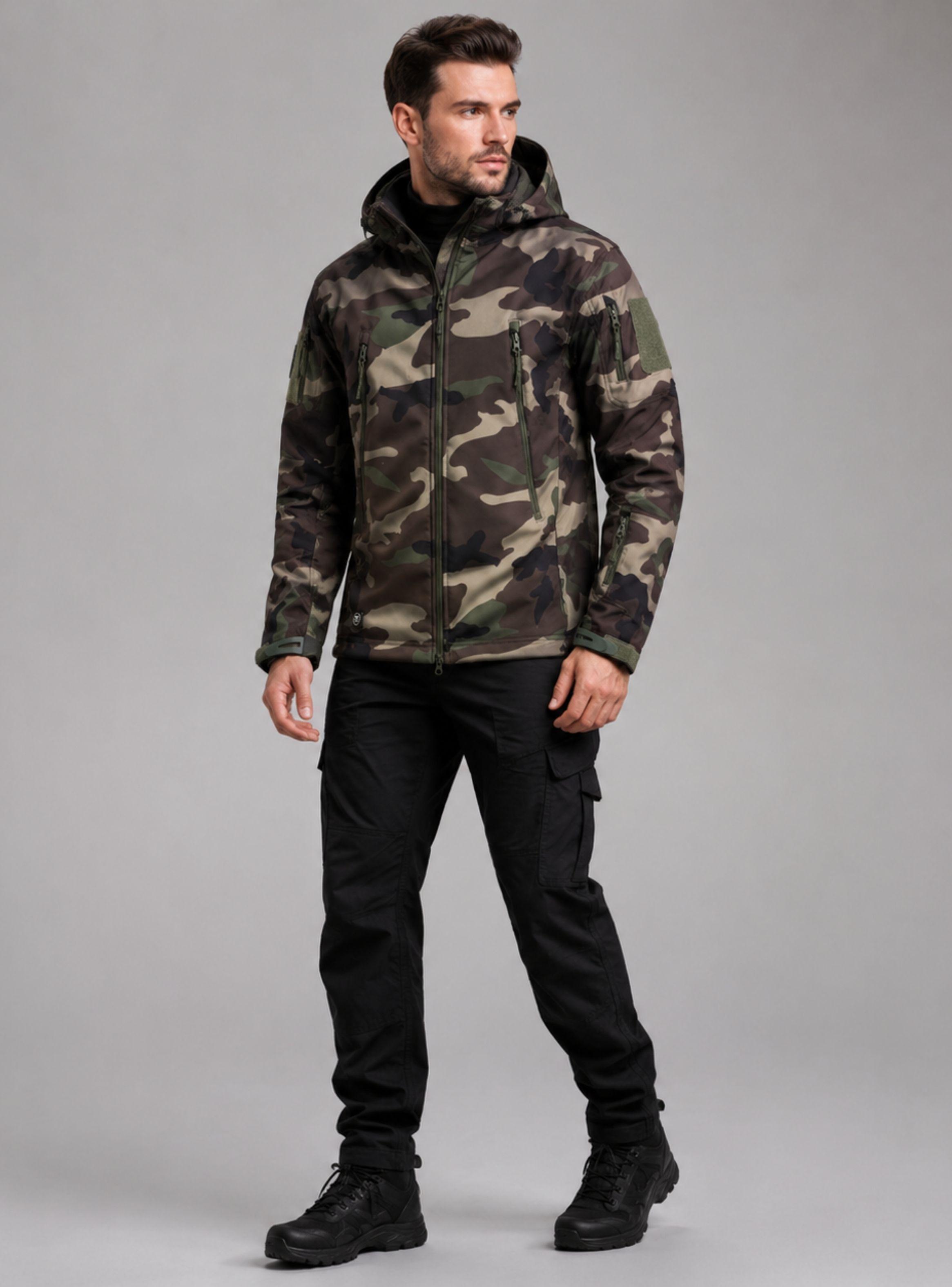 Chaqueta Táctica Militar Softshell Impermeable Woodland Forro Polar Capucha-5