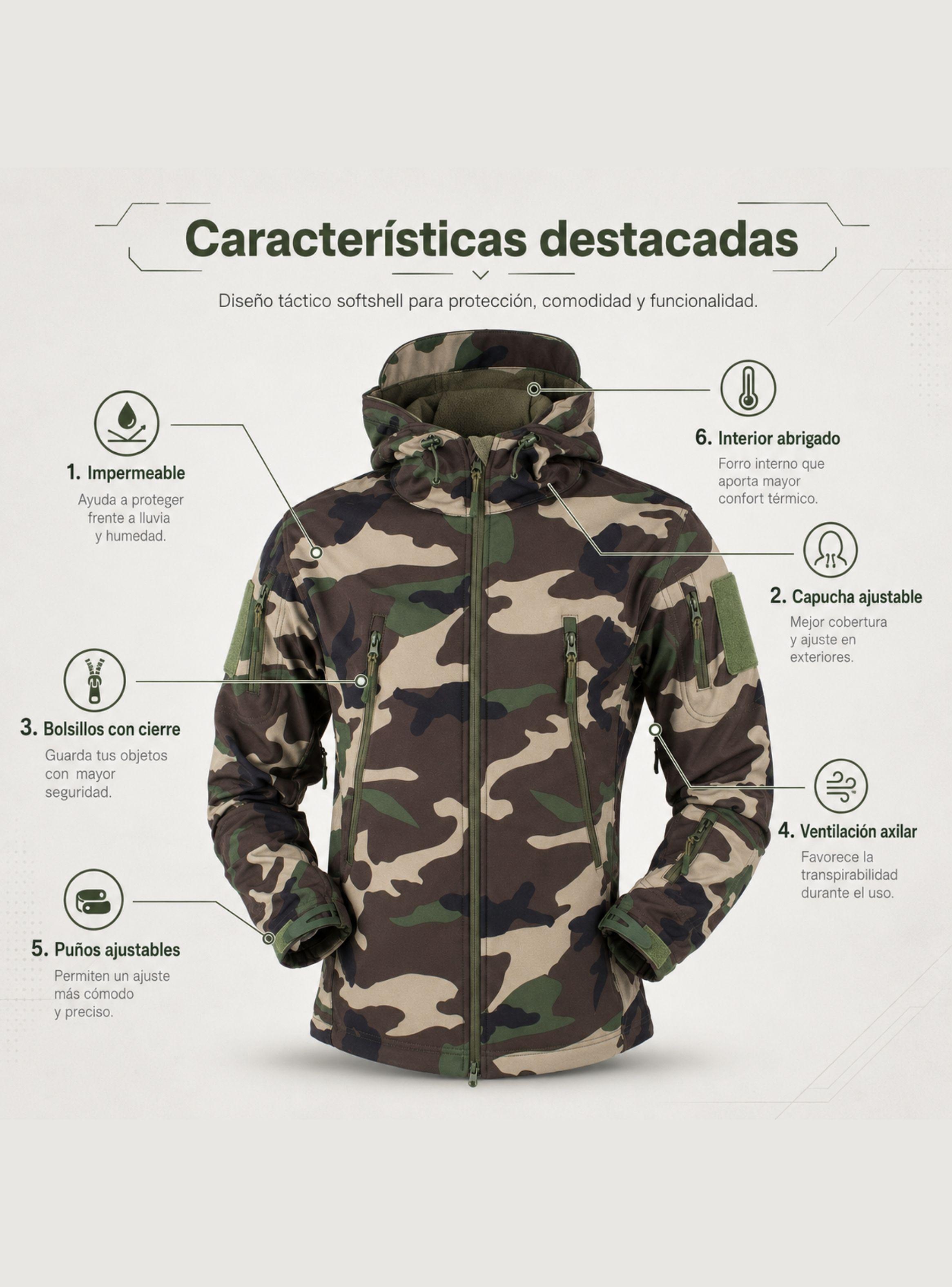 Chaqueta Táctica Militar Softshell Impermeable Woodland Forro Polar Capucha-6