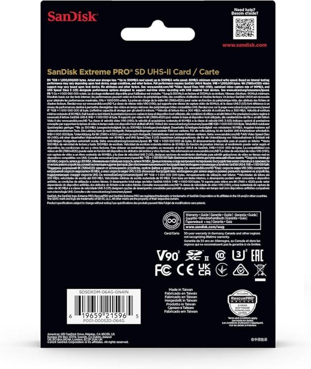 Tarjeta de memoria SD Sandisk Extreme Pro 64gb UHS II V90 300r 300w 8k-3