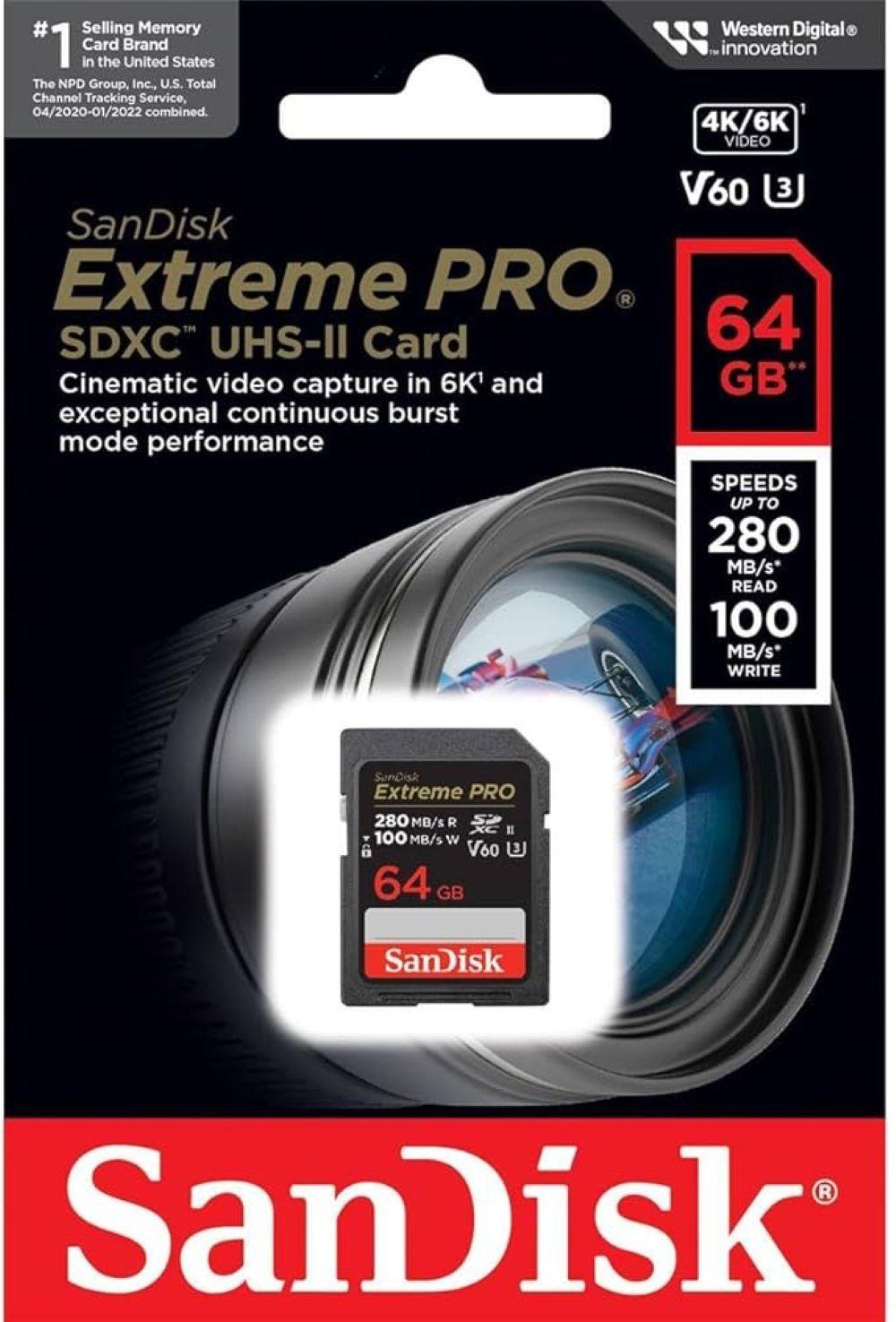 Tarjeta de Memoria SD Sandisk Extreme Pro 64GB 280mb s UHS II U3 V60 6K UHD-2