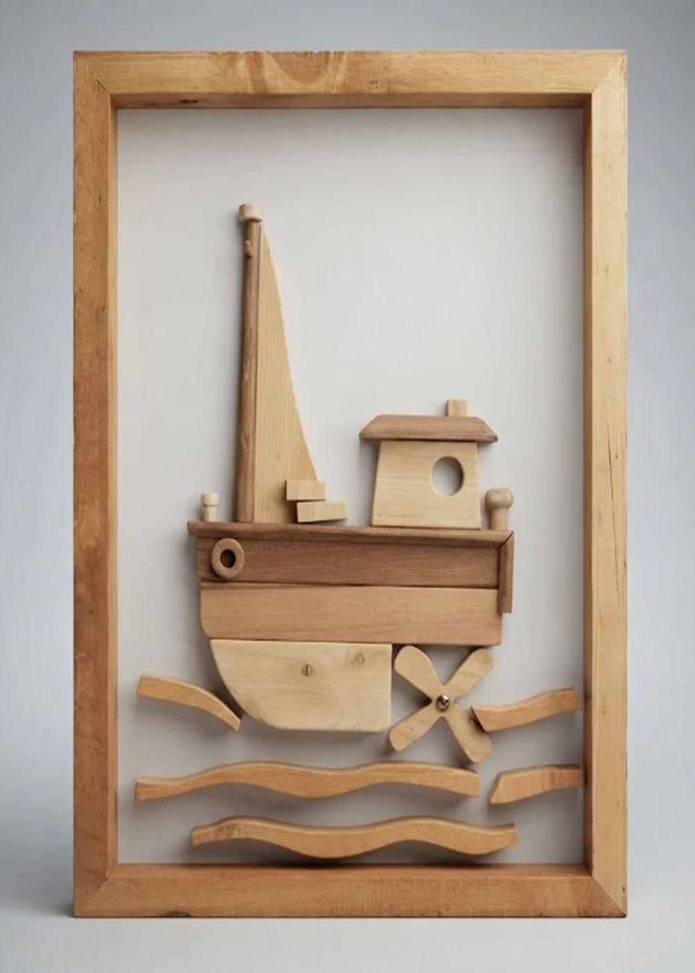 Cuadro Infantil Decorativo Barquito De Madera En Relieve-1