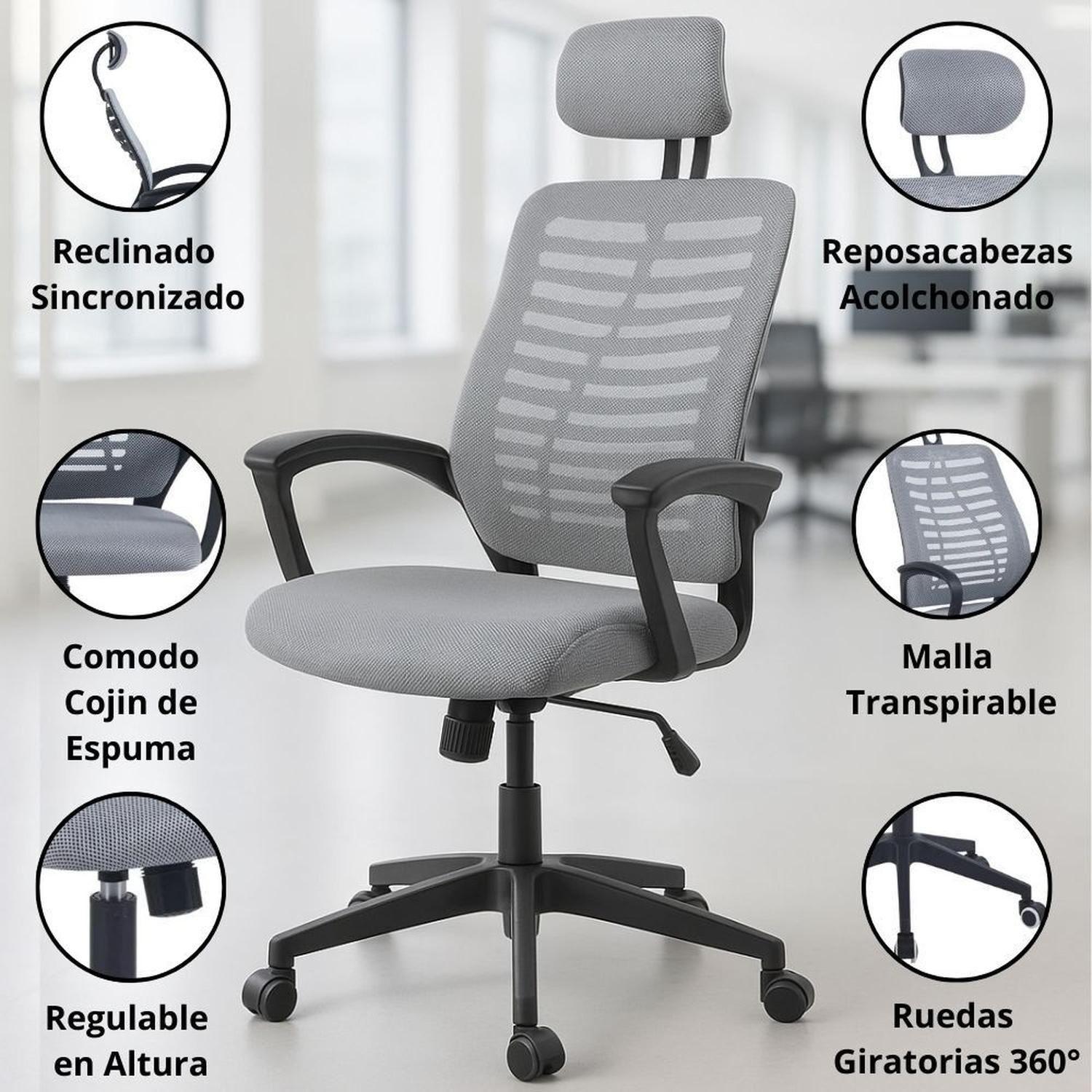 Silla De Oficina Mesh Con Cabezal Gris Midtown-5