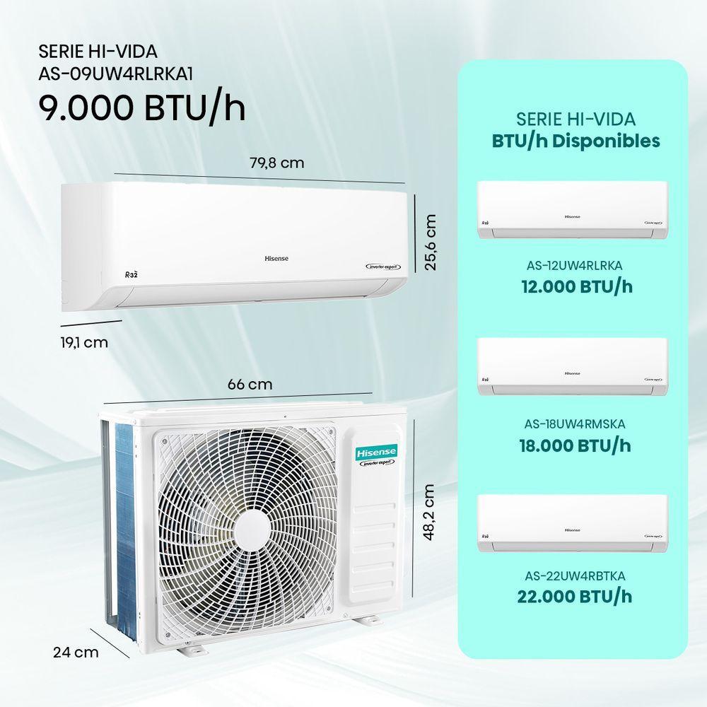 Aire Acondicionado Hisense Hi Vida 9000BTU R32 Inverter WiFi AS 09UW4RLRKA1-1
