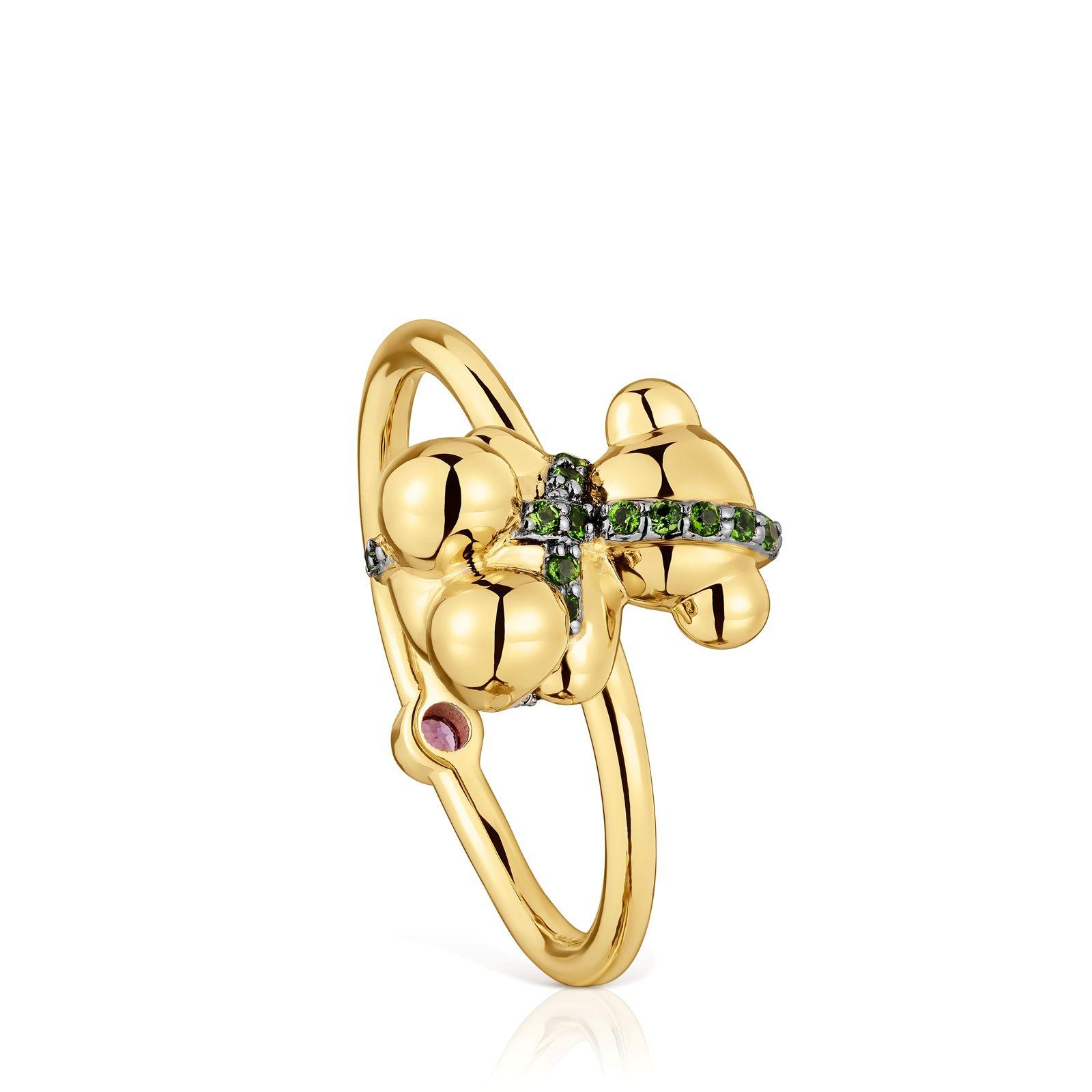 Anillo mediano oso con baño de oro 18 kt sobre plata y cromodiópsido Lligat-0